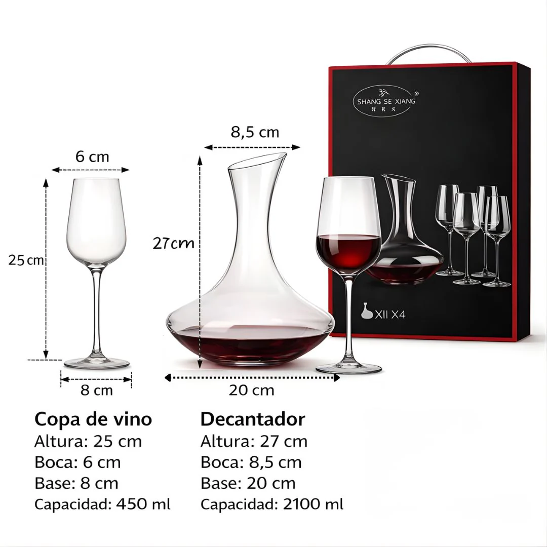 Copas De Cristal Con Decantador. Set Completo De Vino Con 4 Copas De 450 Ml Y Un Decantador 2100 Ml. - Image 2