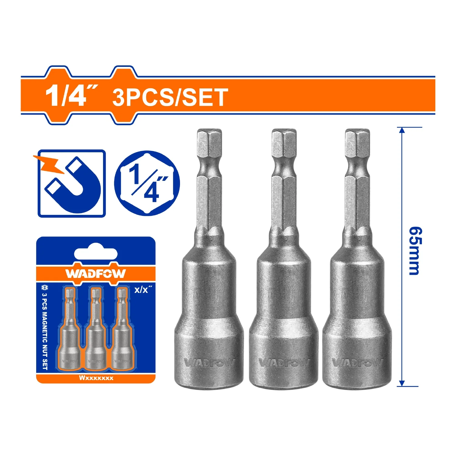 Copas Hexagonales Magnéticas 1/4" Hex Largo: 65Mm Material:50BV30 Set De 3 Piezas.