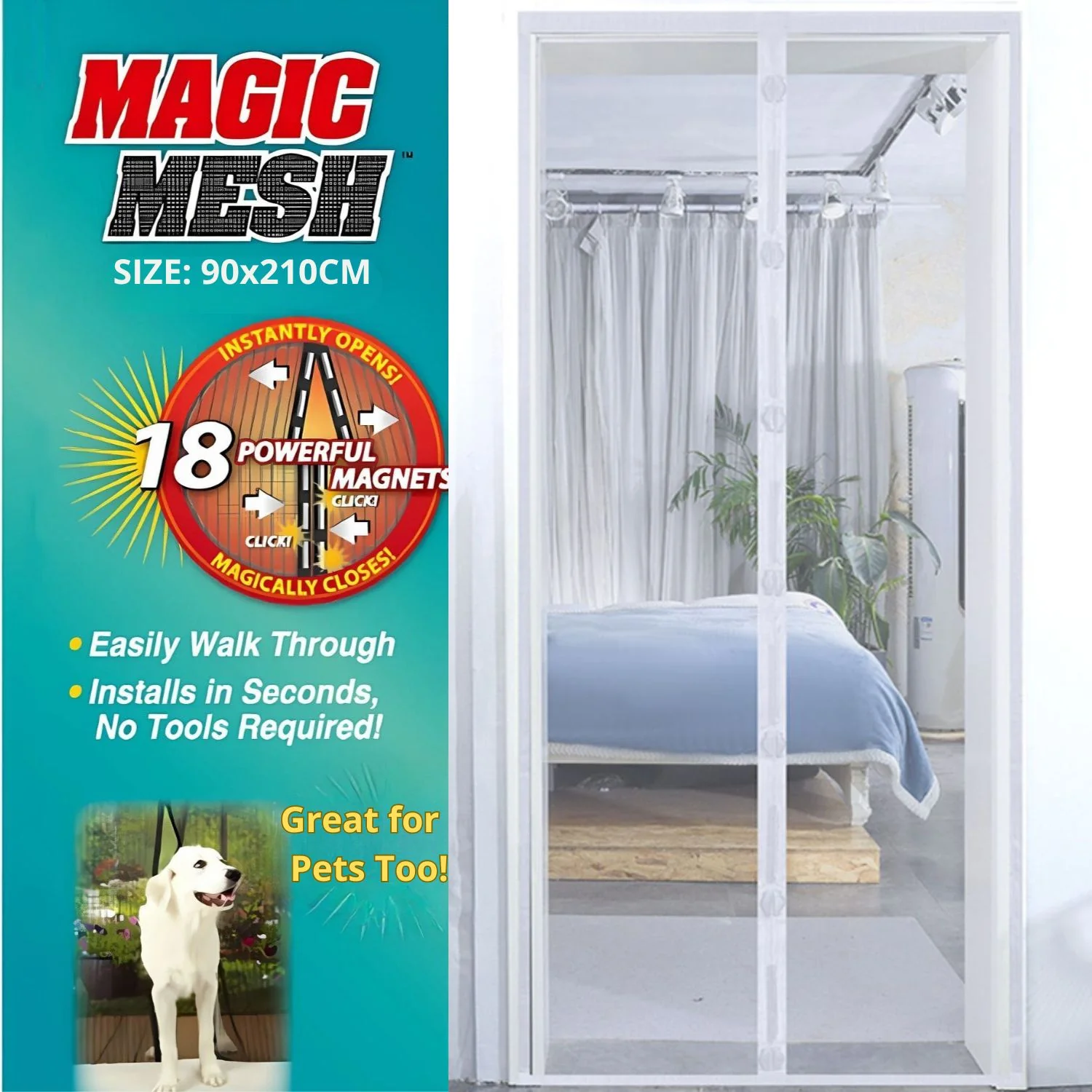 Cortina Mosquitera Magnética Multiuso  Color Blanco Para Puertas. Fácil De Instalar. Tamaño 90X210cm. Malla Antimosquito.