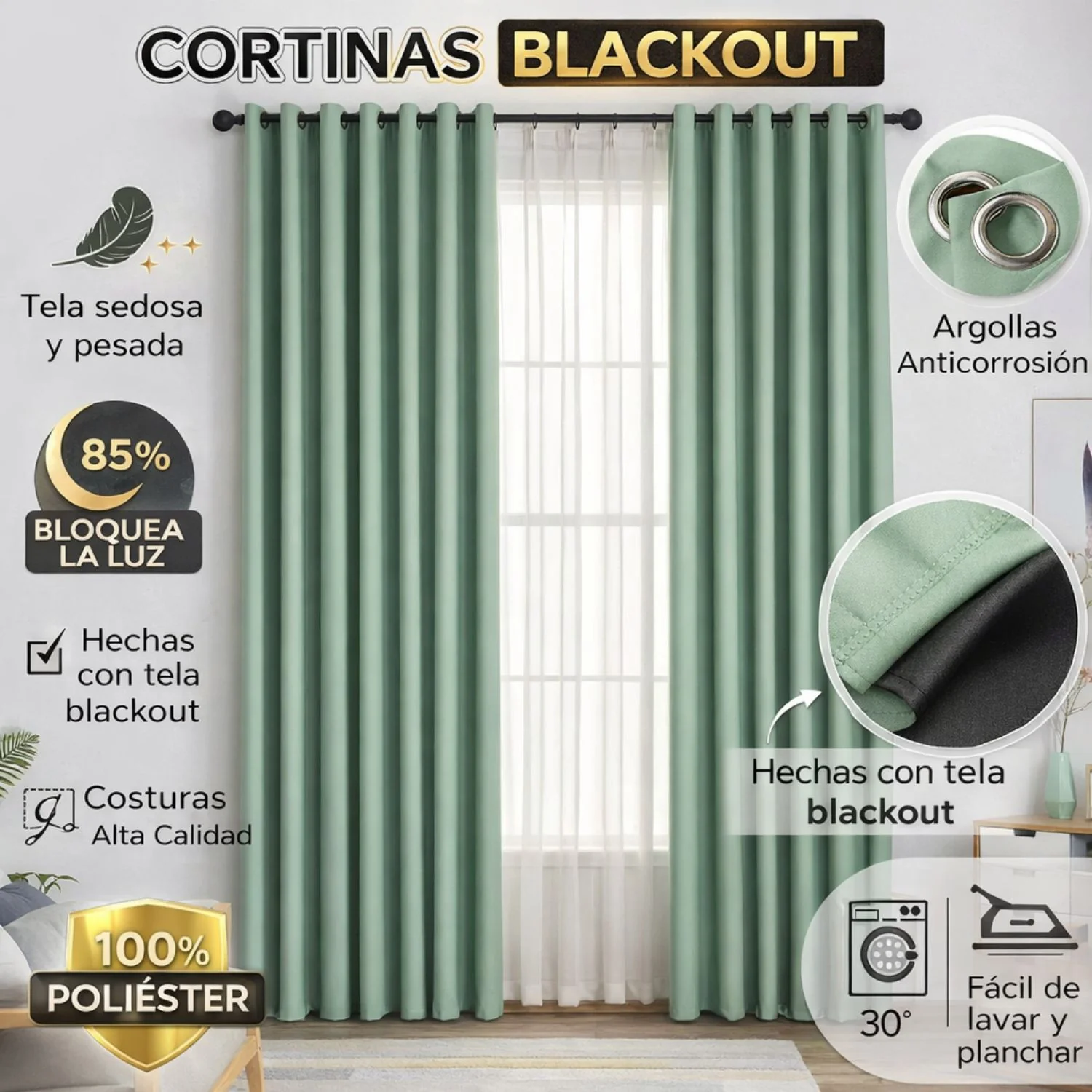 Cortina Blackout Verde Con Argollas (1.4X2.4M) Bloqueo 85% Luz. Cortina De Tela Con Anillos. - Image 2