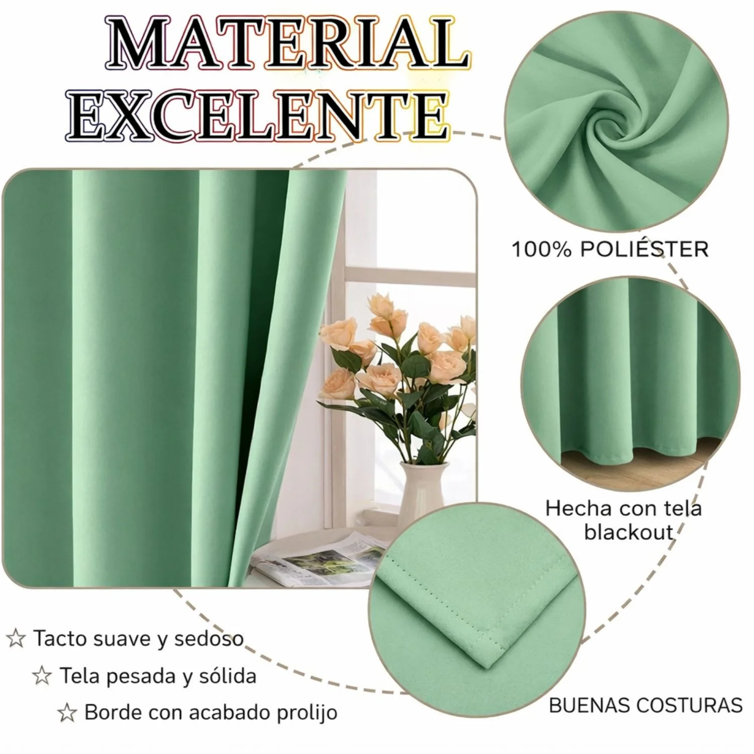 Cortina Blackout Verde Con Argollas (1.4X2.4M) Bloqueo 85% Luz. Cortina De Tela Con Anillos. - Image 3