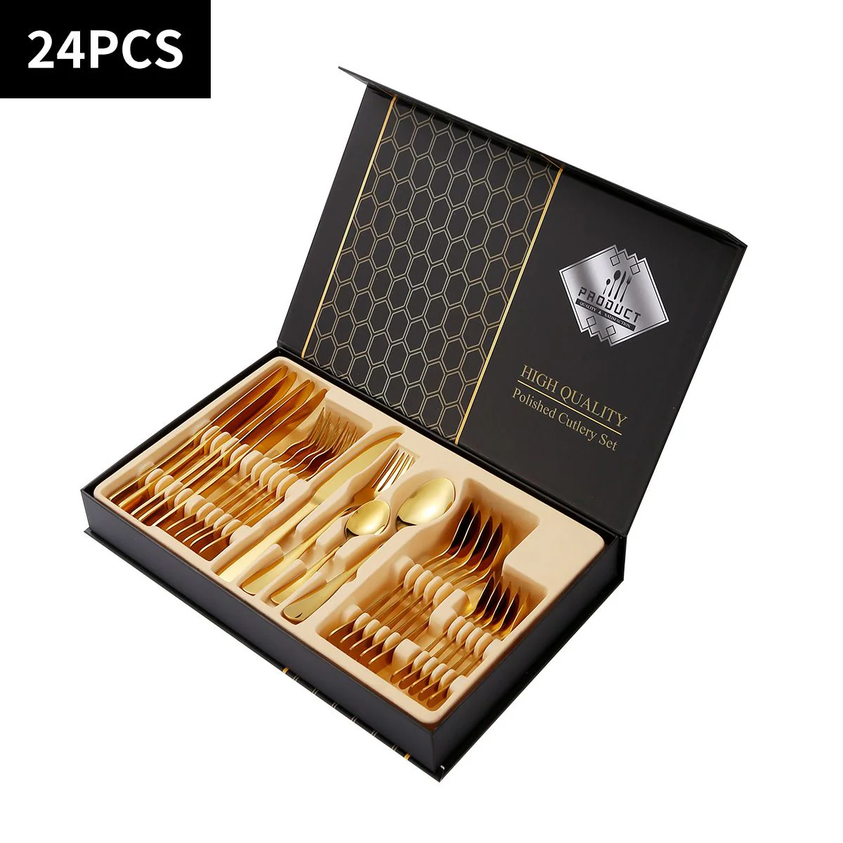 Cubiertos De Acero Inoxidable. Set De 24 Piezas. Con Estuche Elegante Para Mesa Formal Y Uso Diario. Color Dorado.