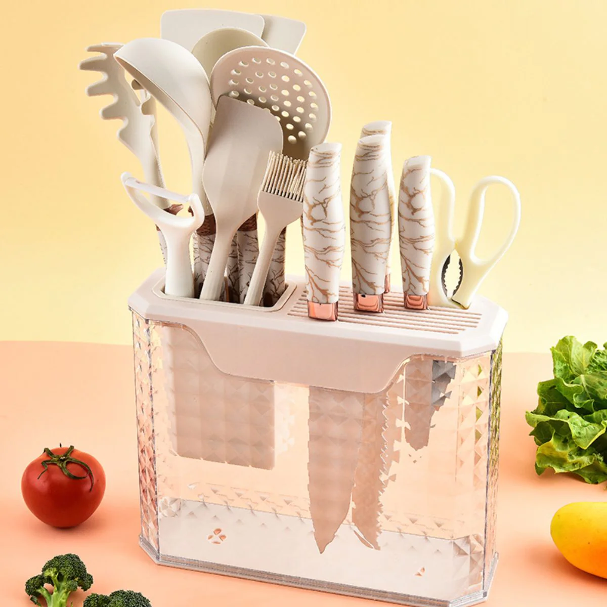 Cucharones De Cocina, Espátula. Set De Utensilios De Cocina Premium 16 Piezas Con Soporte. Color Blanco Marmolado.