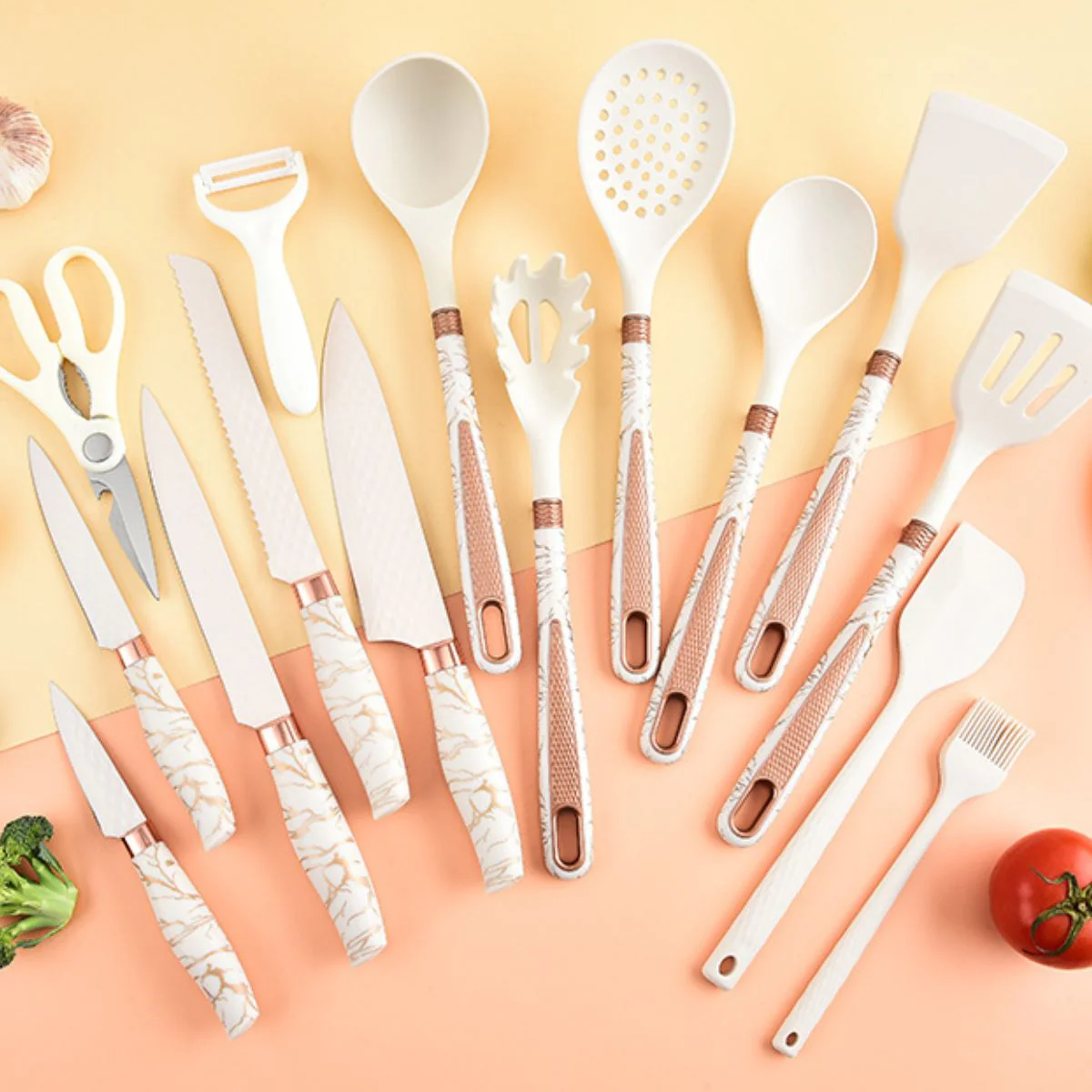 Cucharones De Cocina, Espátula. Set De Utensilios De Cocina Premium 16 Piezas Con Soporte. Color Blanco Marmolado. - Image 2