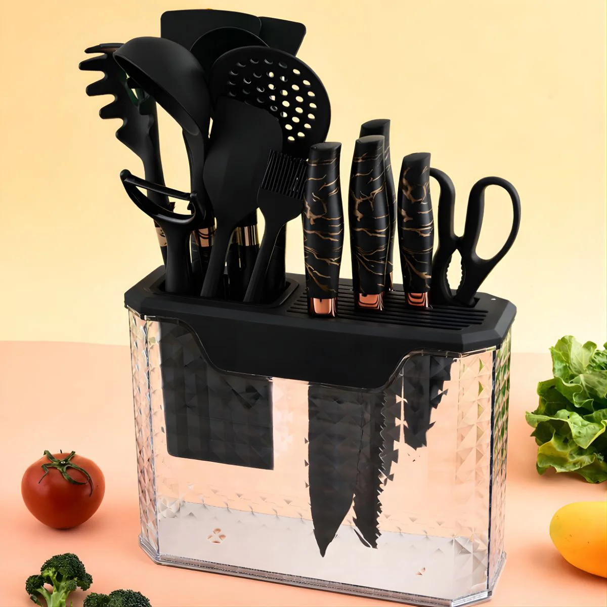 Cucharones De Cocina, Espátula. Set De Utensilios De Cocina Premium 16 Piezas Con Soporte. Color Negro Marmolado.