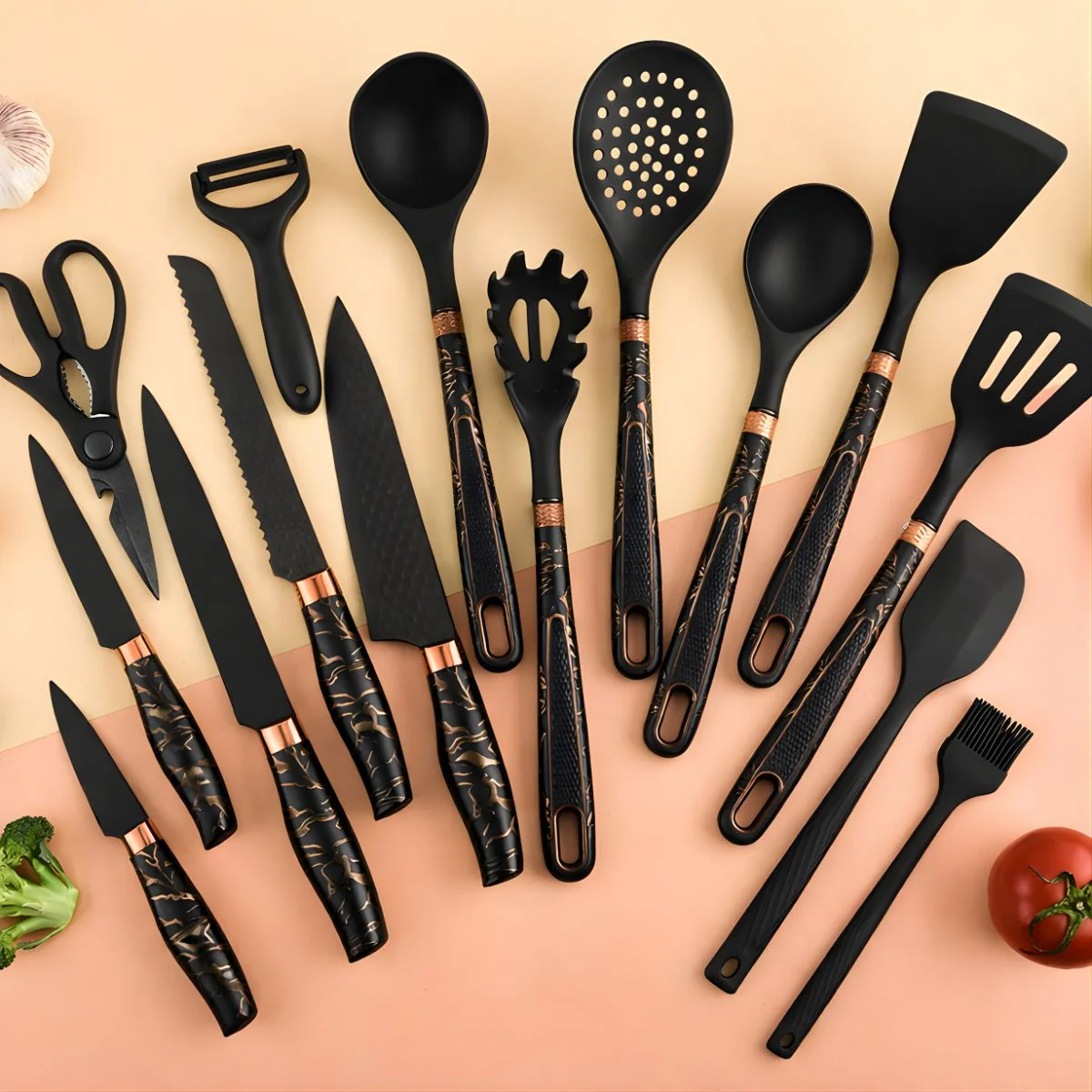 Cucharones De Cocina, Espátula. Set De Utensilios De Cocina Premium 16 Piezas Con Soporte. Color Negro Marmolado. - Image 2