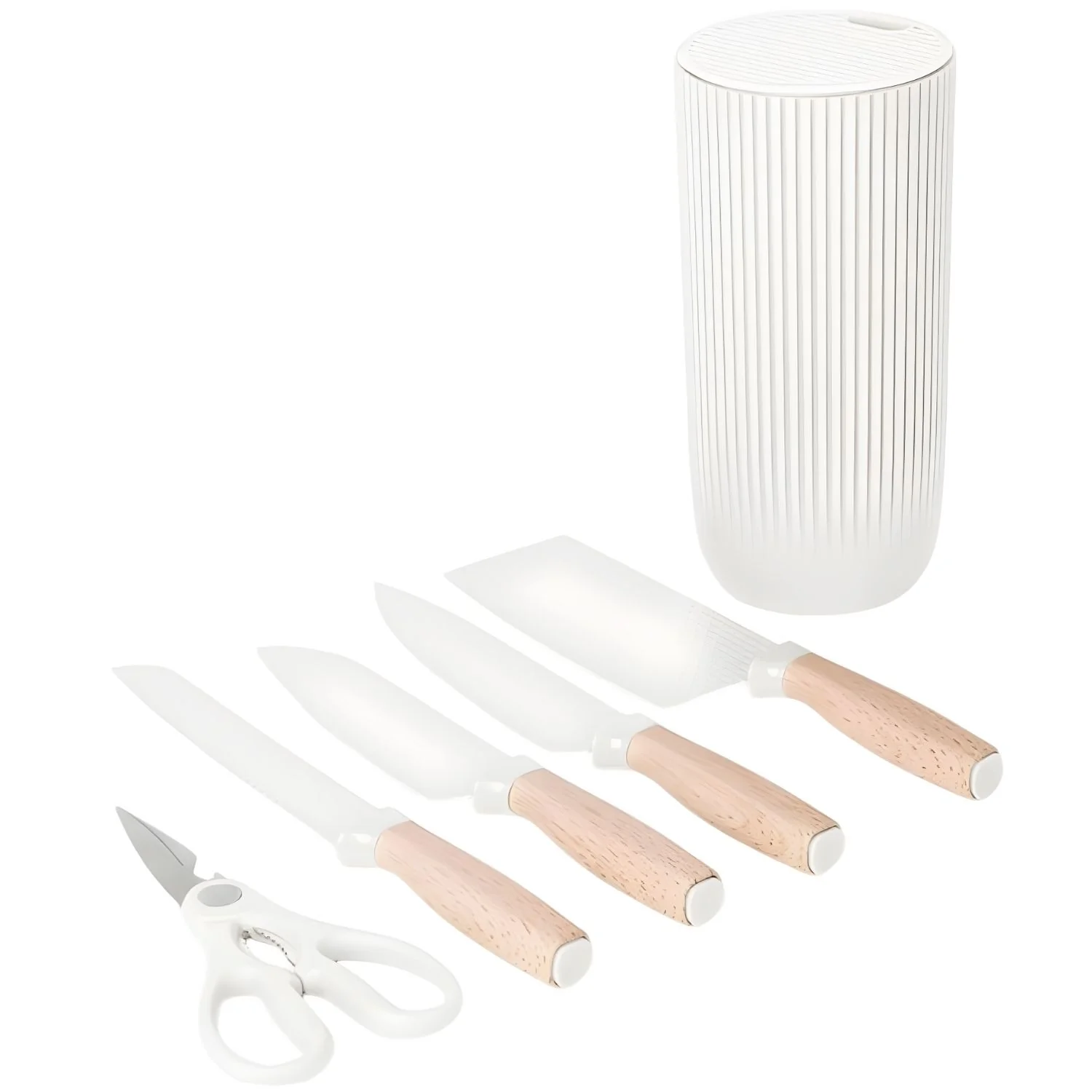 Cuchillos De Cocina Color Blanco Set De 6 Piezas Con Soporte. Diseño Texturizado Antiadherente.