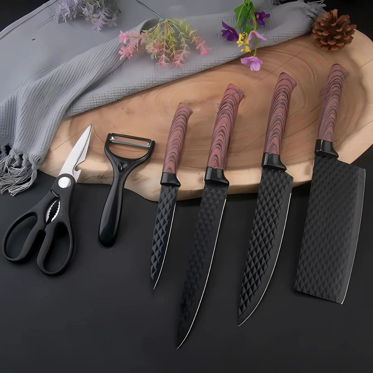 Cuchillos De Cocina Profesionales. Set De 6 Piezas. Juego De Cuchillos Con Tijera Y Pelador.
