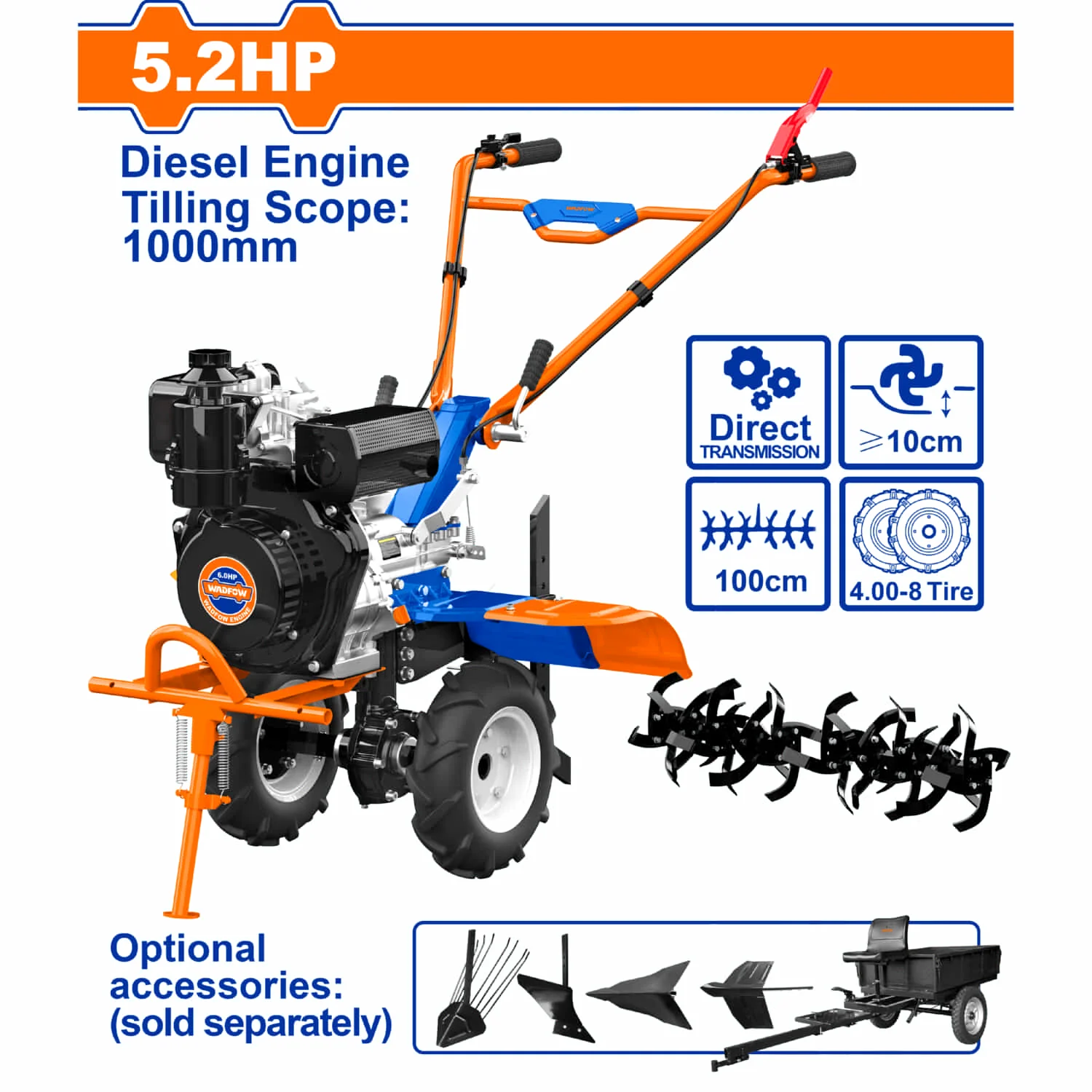 Motocultor Motoazada A Diesel 173F(5.2HP) Labrado 510-1000Mm Prof ≥100Mm Transmisión Por Correa. Cultivador