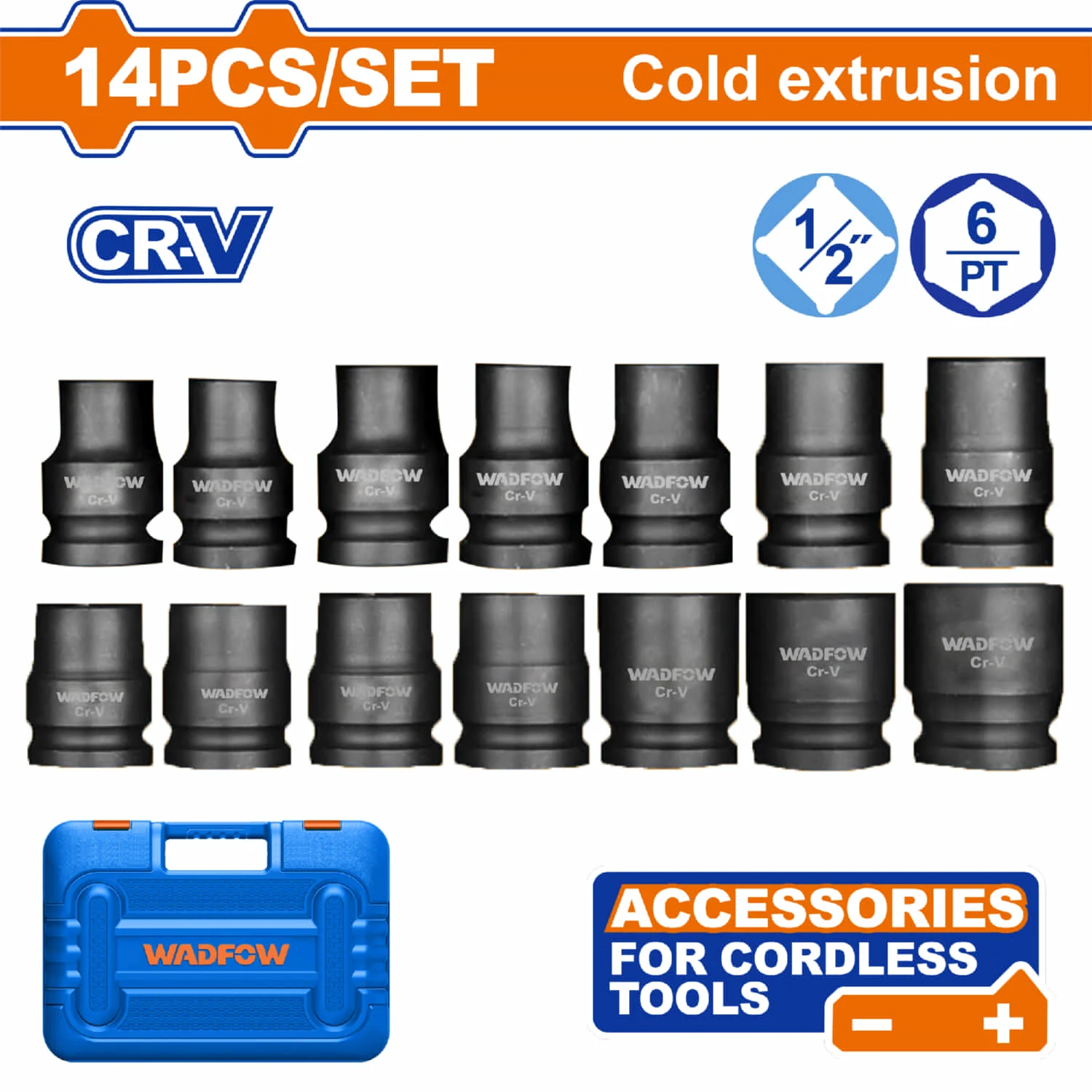 Dados De Impacto Socket 1/2" Cortor Cr-V (10-27 Mm) Tratamiento Térmico. Compatible Con WCD1512 WCD1B48 Set De 14 Piezas. Juego