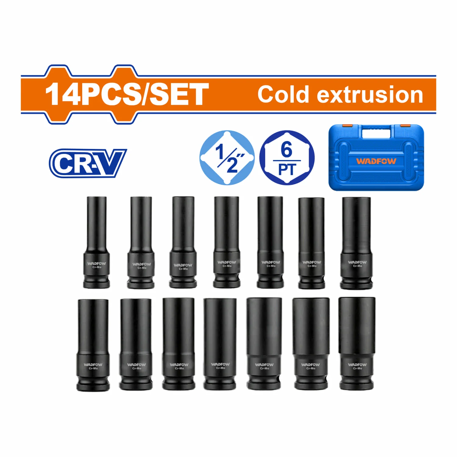 Dados De Impacto Socket Largos De 14 Piezas 1/2" Cr-V (10-27Mm) Tratamiento Térmico. Set De 14 Piezas. Juego - Image 2