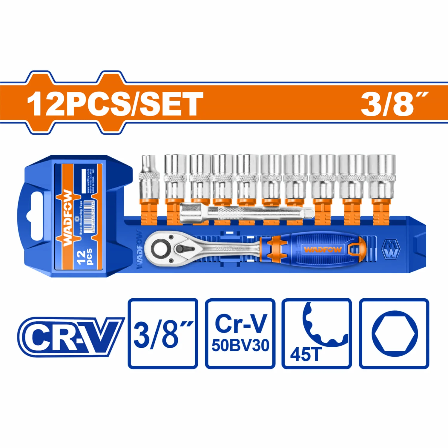 Dados Socket Ratchet  3/8" 12 Pzs. CR-V. 45 Dientes. (Incluye: Socket, Barra De Extensión) Cromado (Set)
