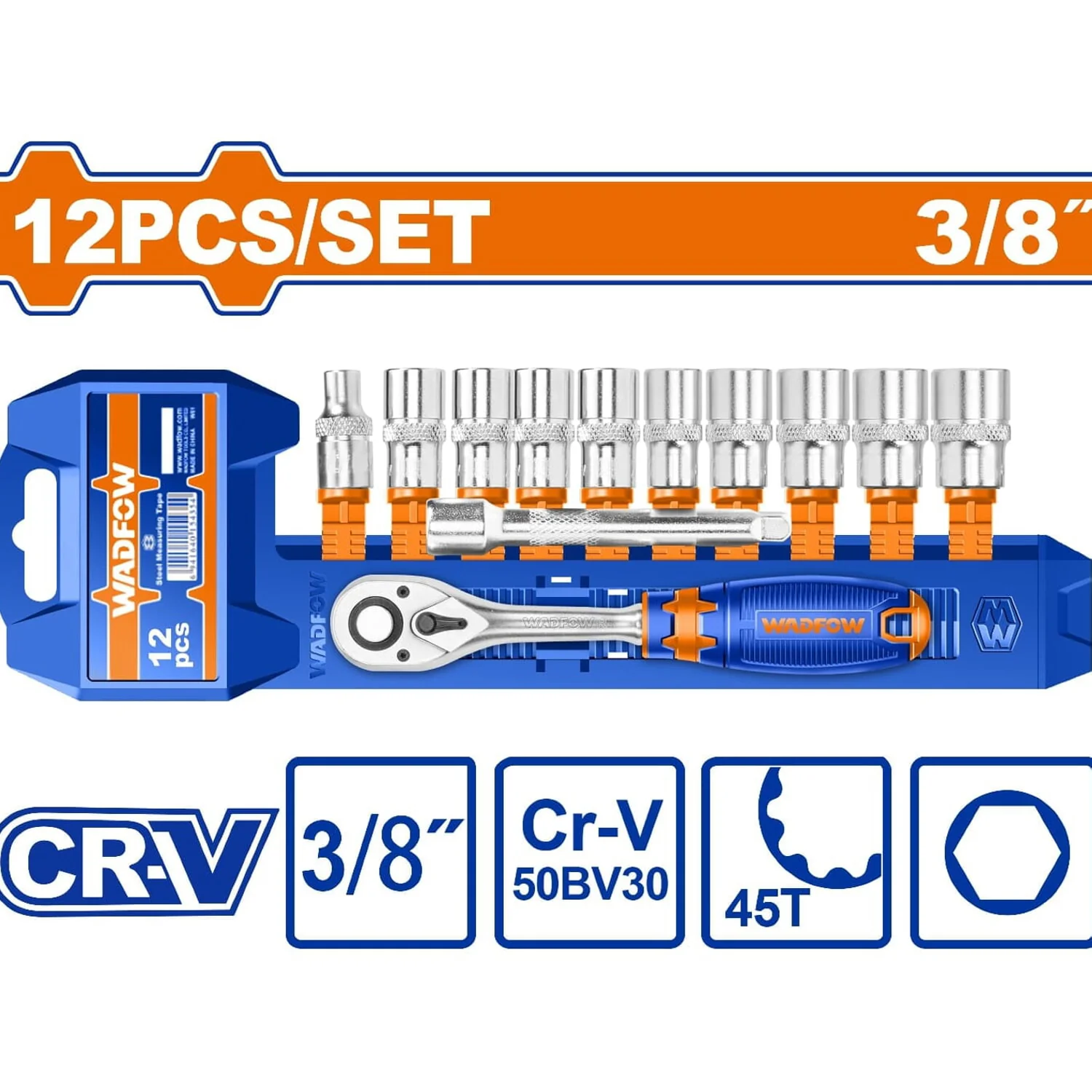 Dados Socket Ratchet  3/8" 12 Pzs. CR-V. 45 Dientes. (Incluye: Socket, Barra De Extensión) Cromado (Set) - Image 2