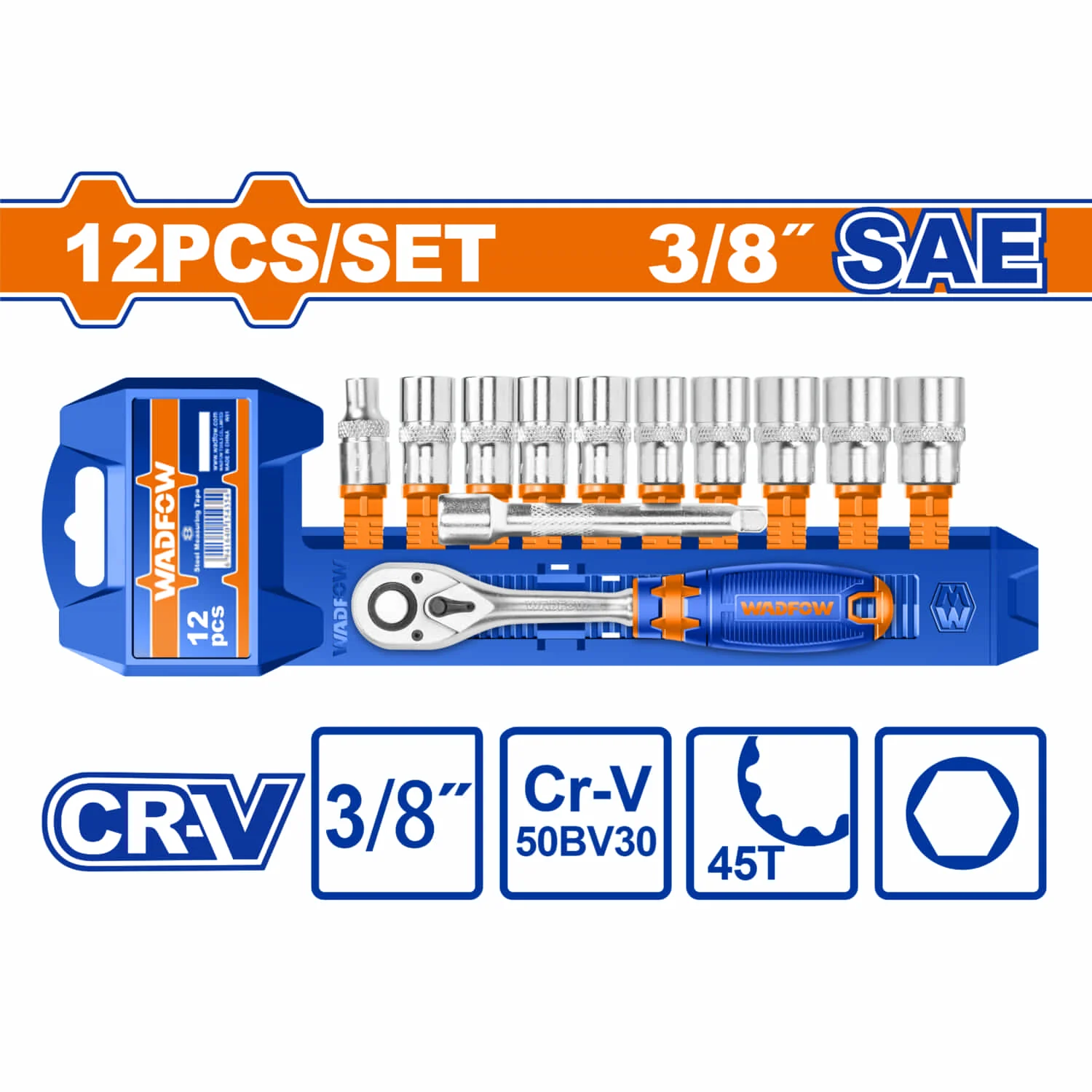 Dados Socket Ratchet 3/8" 12 Pzs. CR-V. 45 Dientes. (Socket, Barra De Extensión) Medida SAE.Cromado (Set)