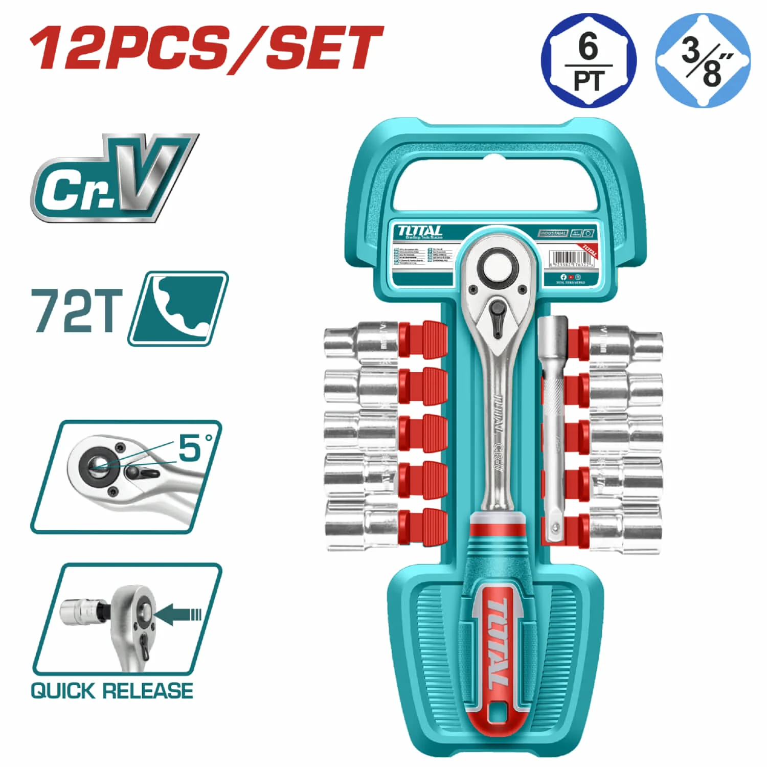 Dados Socket 3/8" Surtidos Y Mango Socket De Liberación Rápida. Cr-V. 45T. Set De 12 Piezas.