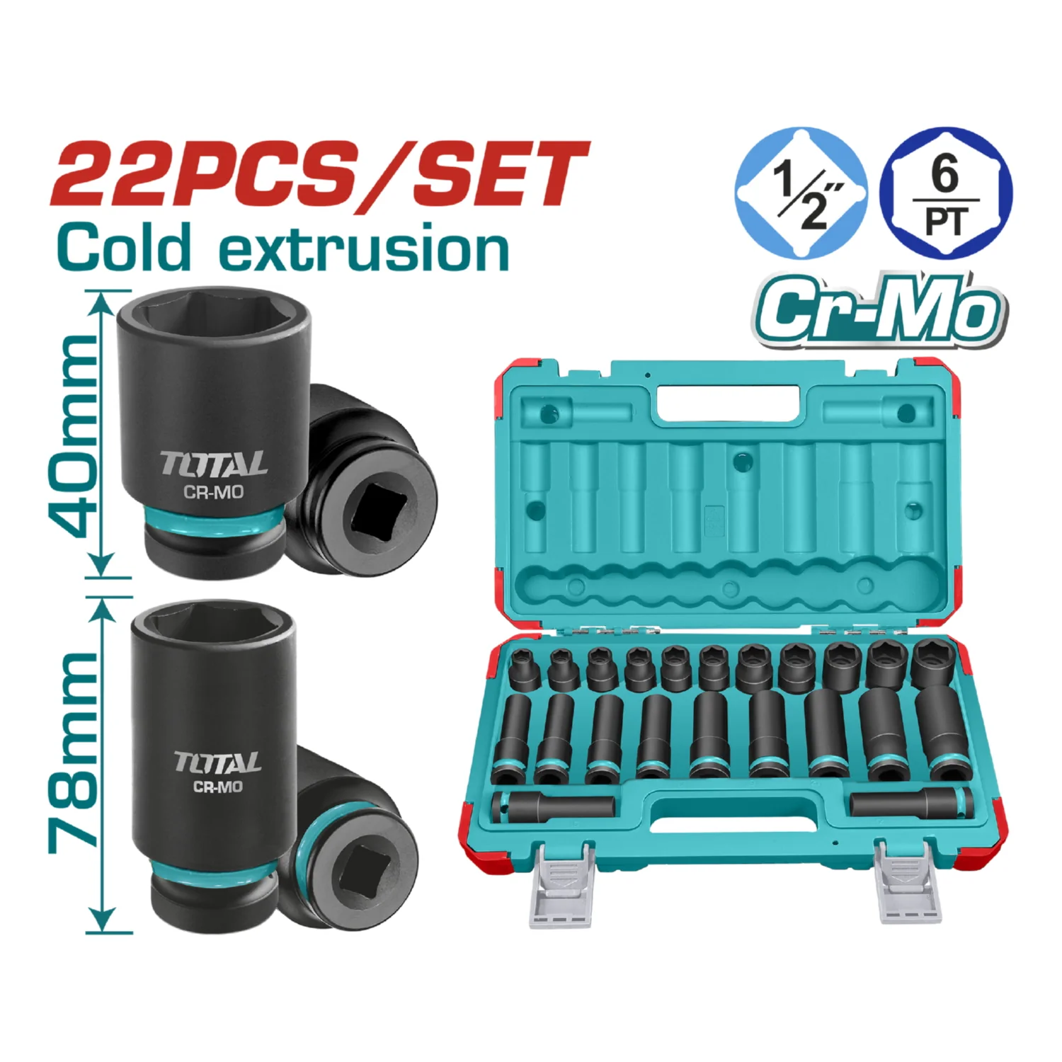 Dados Socket De Impacto ½” 10-24Mm Estándar Y Largos Cr-Mo Tratamiento Térmico Set 22 Piezas