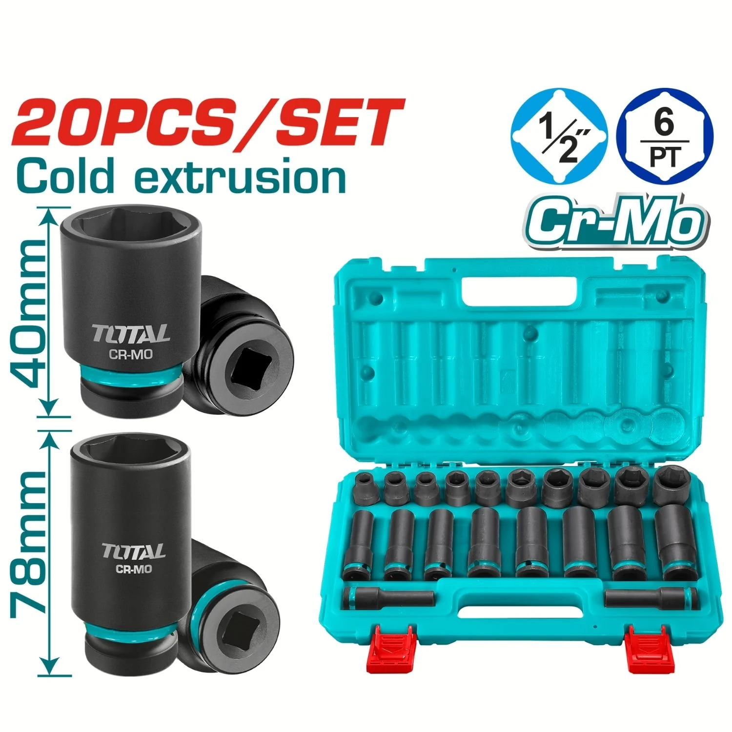 Dados Socket De Impacto ½” 10-24Mm Long 78Mm Cr-Mo Set 20 Piezas - Image 2