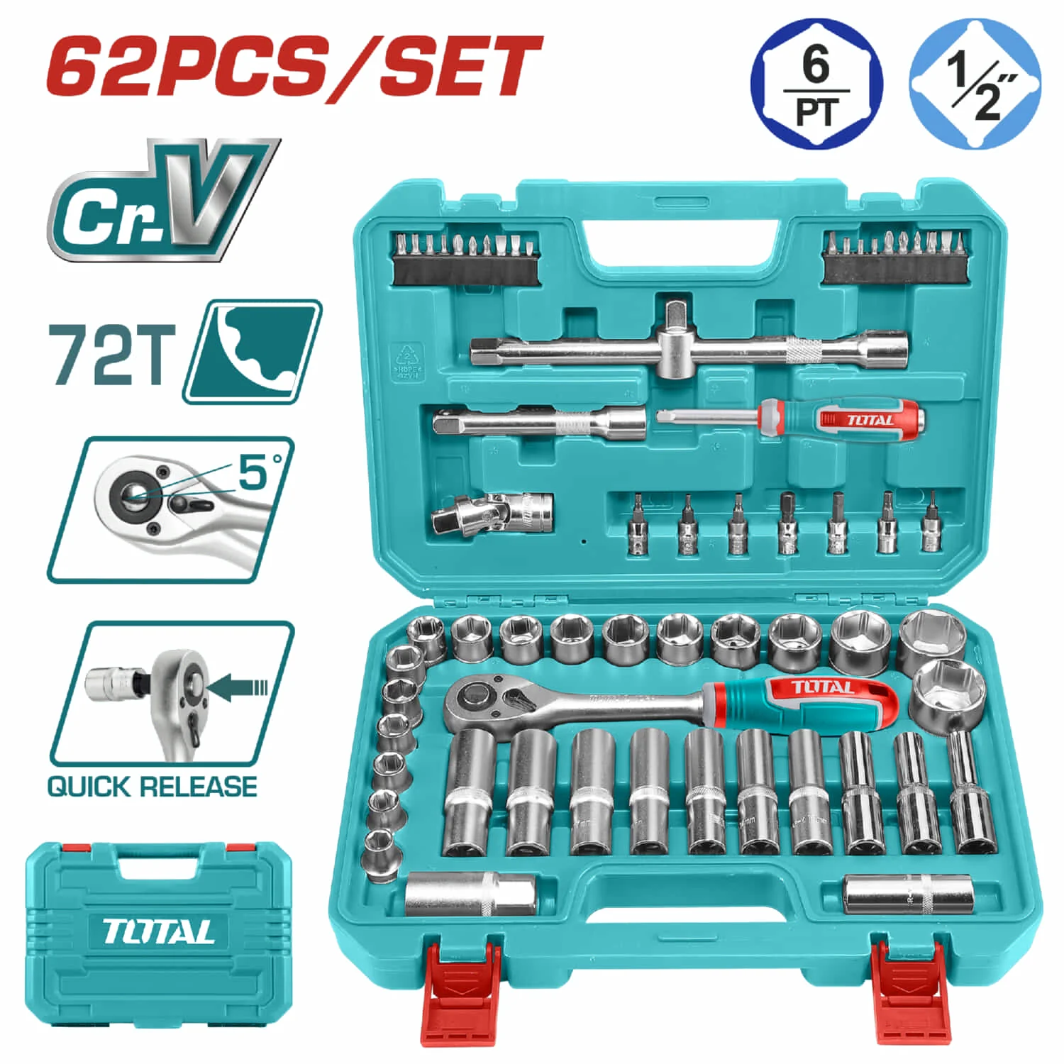 Dados Socket Ratchet Mango Kit 1/2" Cr-V 45T. Set 62 Piezas Variadas En Juego Maletin Kit