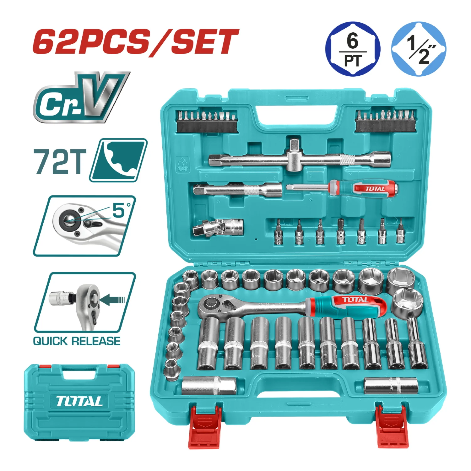Dados Socket Ratchet Mango Kit 1/2" Cr-V 45T. Set 62 Piezas Variadas En Juego Maletin Kit - Image 2