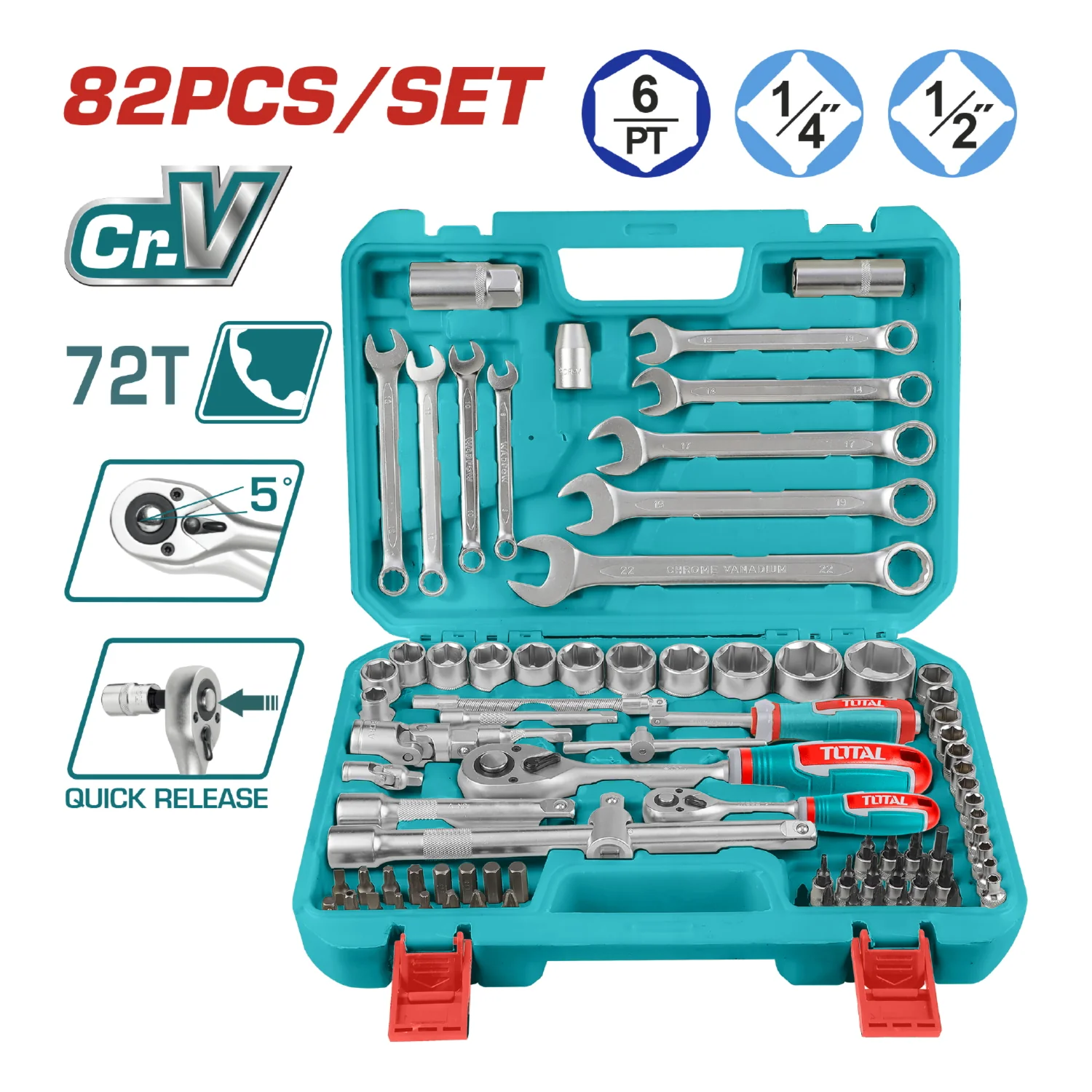 Dados Socket Ratchet Mango Kit 1/4" Y 1/2" Cr-V 45T. Set 82 Piezas Variadas. - Image 2
