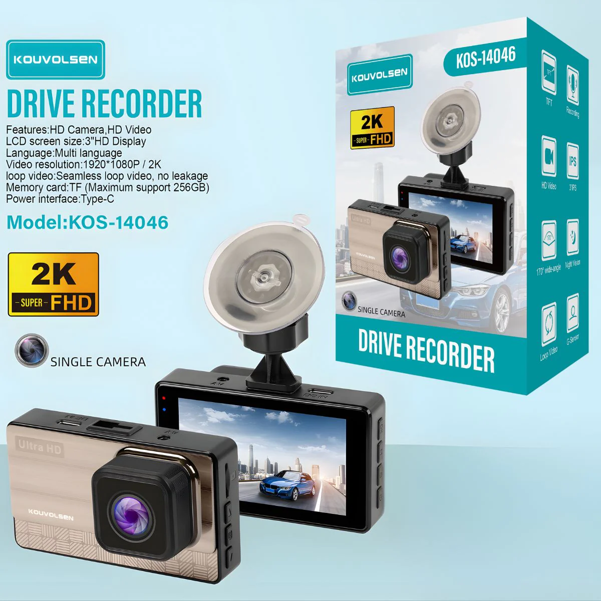 Dash Cam 2K Super QHD Para Autos. Camara Vehicular Con Grabación En Bucle. Pantalla HD De 3".