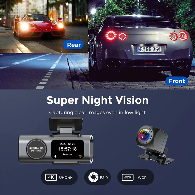 Dash Cam Cámara Doble Para Autos 4K + 1080P Con Wifi. Grabación Frontal Ultra HD Y Trasera Full HD. Dashcam Con Visión Nocturna Y App Móvil. - Image 4