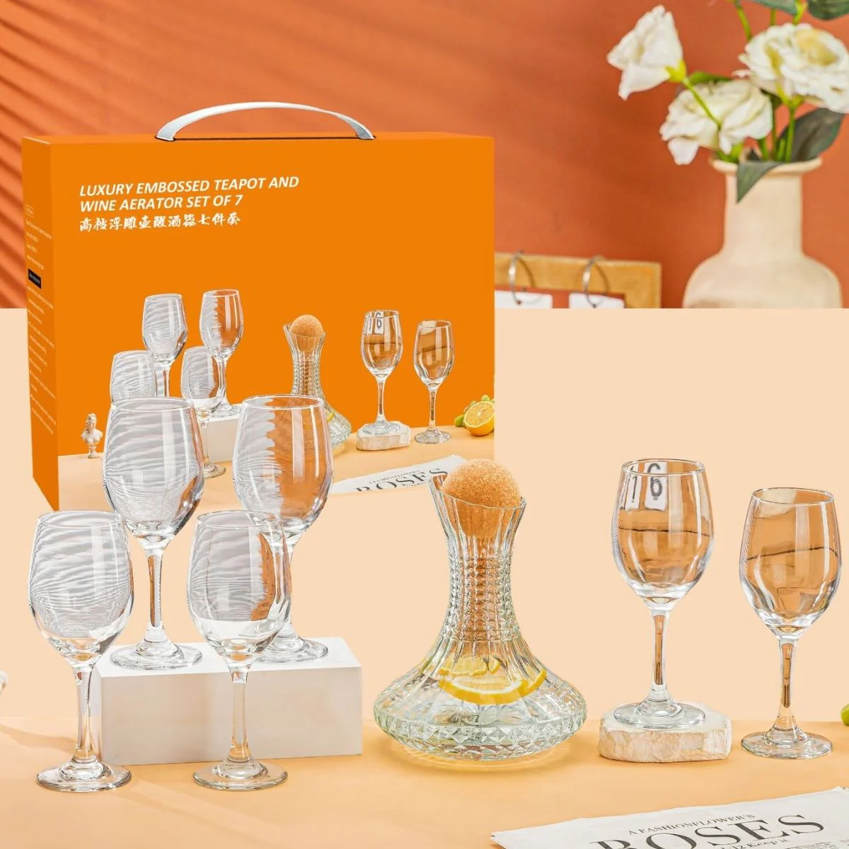 Decantador De Vino De Vidrio Elegante Con Copas (Set De 7 Piezas). Jarra De Vidrio (1L) Y Copas. - Image 3