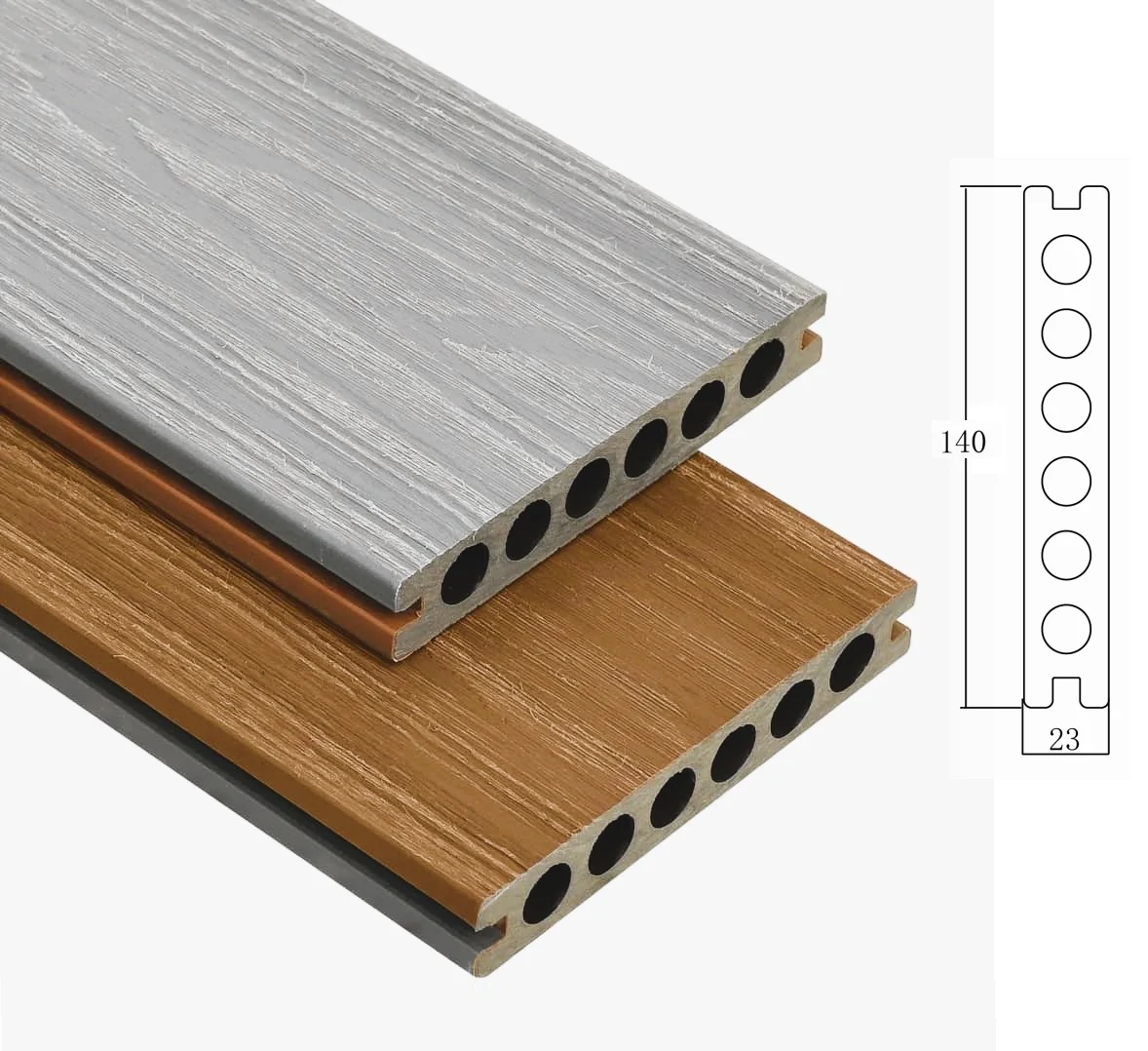 Piso Deck WPC Exteriores Dual Color Caoba / Gris Claro 23 X140x2900mm