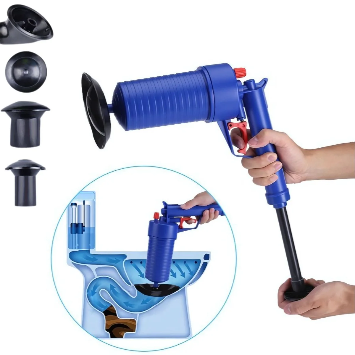 Destapador Despacaños De Inodoro De Alta Presión. Neumático Potente Para Baño, Cocina Y Drenajes Con Cabezales Intercambiables.