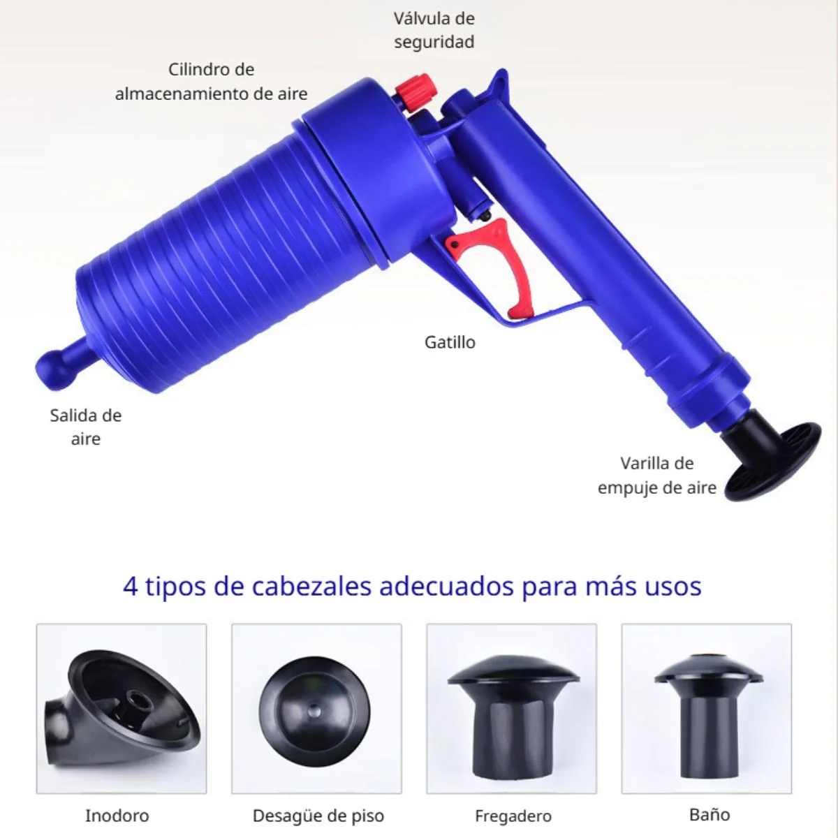 Destapador Despacaños De Inodoro De Alta Presión. Neumático Potente Para Baño, Cocina Y Drenajes Con Cabezales Intercambiables. - Image 3