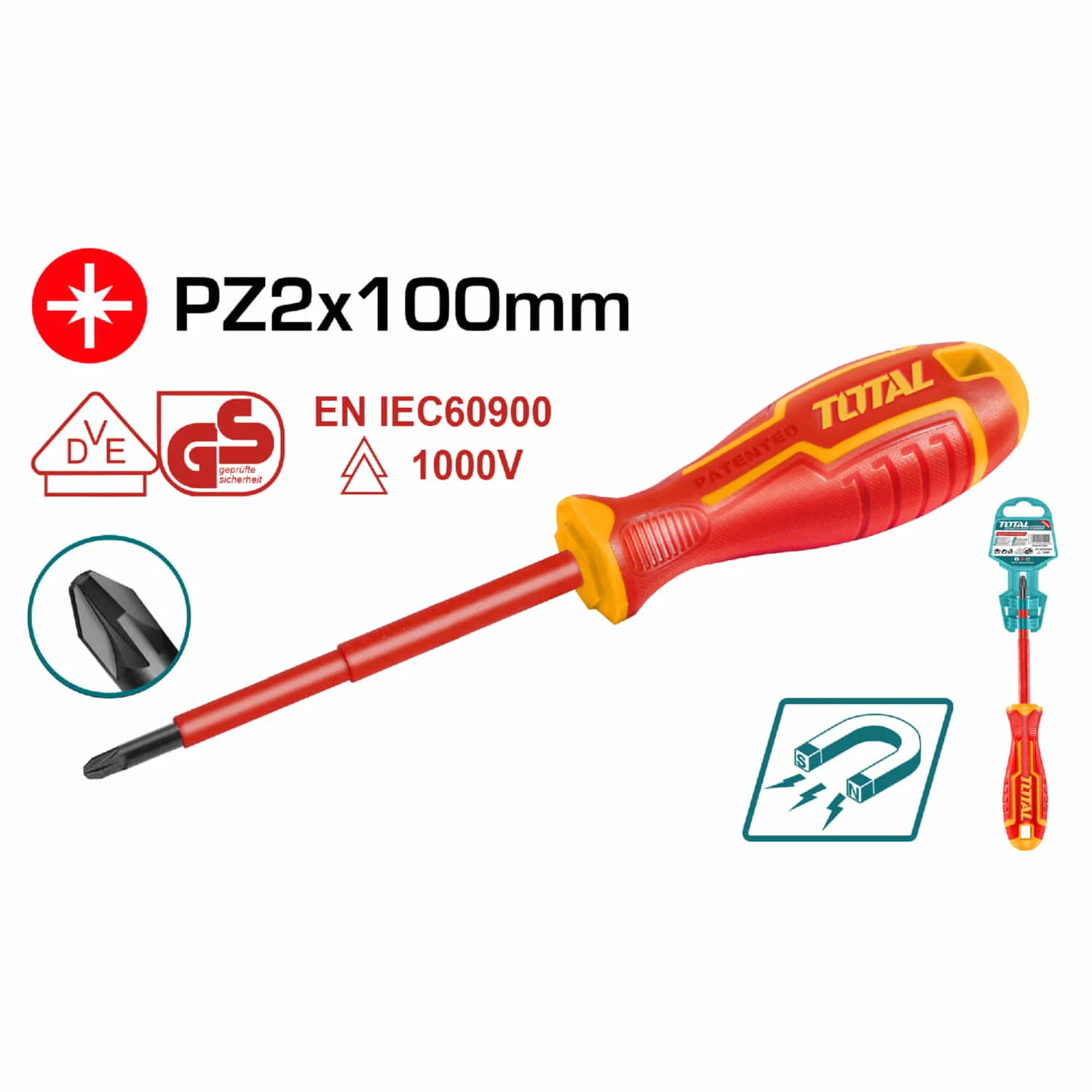 Destornillador Aislado Punta Pozidriv (Pz2x100mm). Magnético. CR-V 1000V. Mango Redondo.