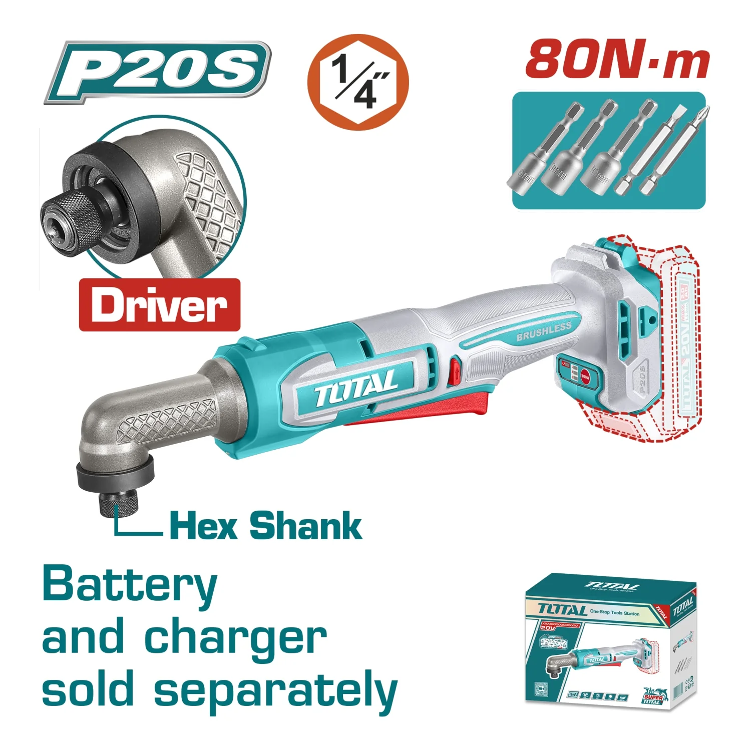 Destornillador De Impacto Angular 1/4″ Inalámbrico 20V. Motor Sin Escobillas 80 Nm. No Incluye Batería Ni Cargador.