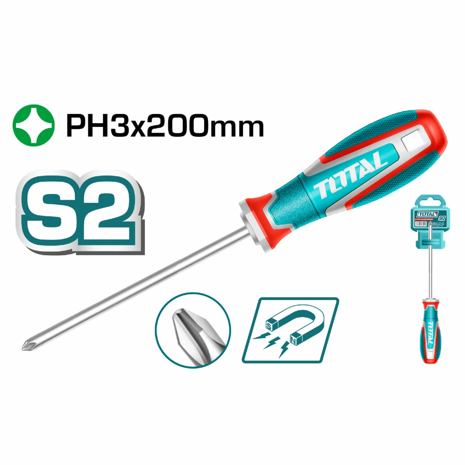 Destornillador Phillips Ph3x200mm Punta Magnética. Mango Suave. Material De La Hoja S2