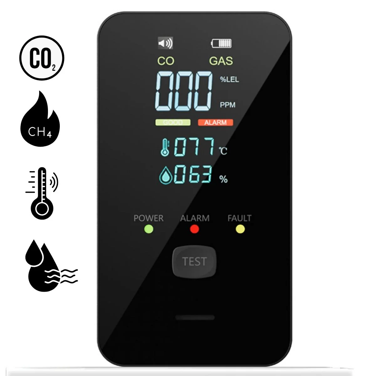 Detector Alarma 4 En 1 De Gas, Monóxido De Carbono Co2, Temperatura Y Humedad Con Pantalla LCD 110V Plug And Play. Material ABS Ignífugo