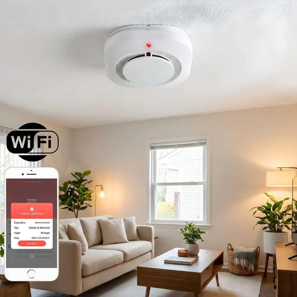 Detector De Humo APP Smart Wifi 80Db  Compatible Con App Tuya No Incluye Baterías. Alarma Contra Incendios