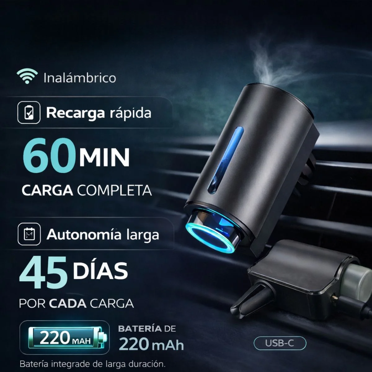 Difusor Aromatizador Para Auto Con Spray Inteligente. Ambientador De Aire Recargable USB-C, Cuerpo Metálico, 3 Niveles De Fragancia. (Incluye 3 Aceites Esenciales Chanel) - Image 3