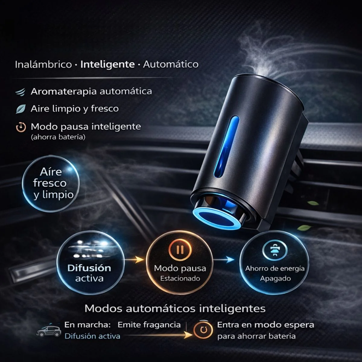 Difusor Aromatizador Para Auto Con Spray Inteligente. Ambientador De Aire Recargable USB-C, Cuerpo Metálico, 3 Niveles De Fragancia. (Incluye 3 Aceites Esenciales Hiilton) - Image 4