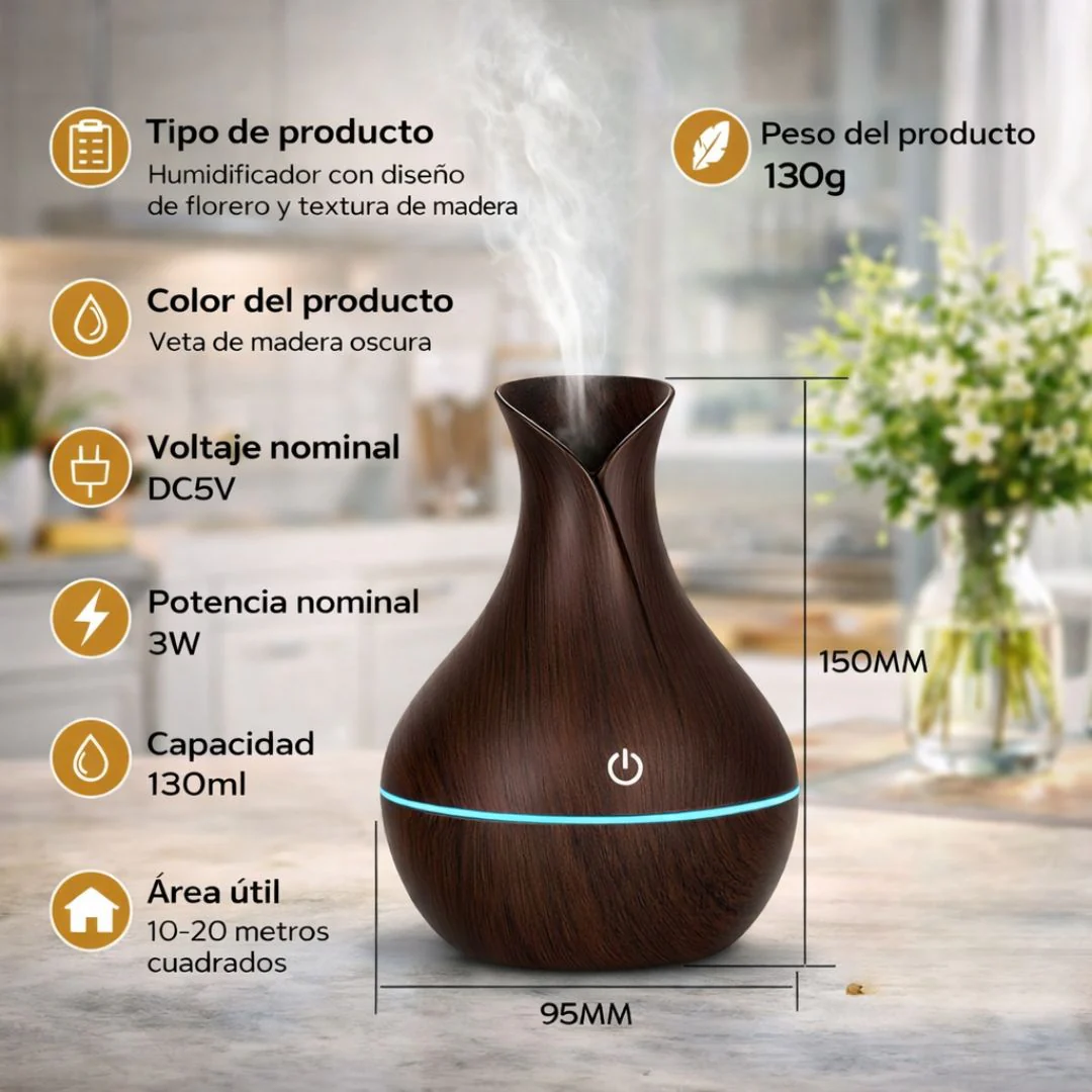 Difusor De Aceites Esenciales 130ML Con Luz LED. Dispensador Aromático Con Alcance De 20㎡ (15.5X16.6Cm) Aromaterapia. Color Madera Oscura.