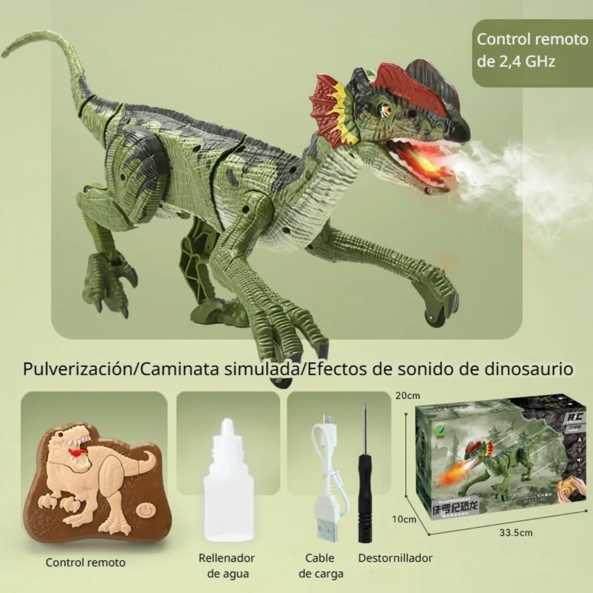 Dinosaurio A Control Remoto 50 Cm De 2.4 Ghz Recargable Con Efectos De Sonido, Luz Y Vapor. Juguete Para Niños.