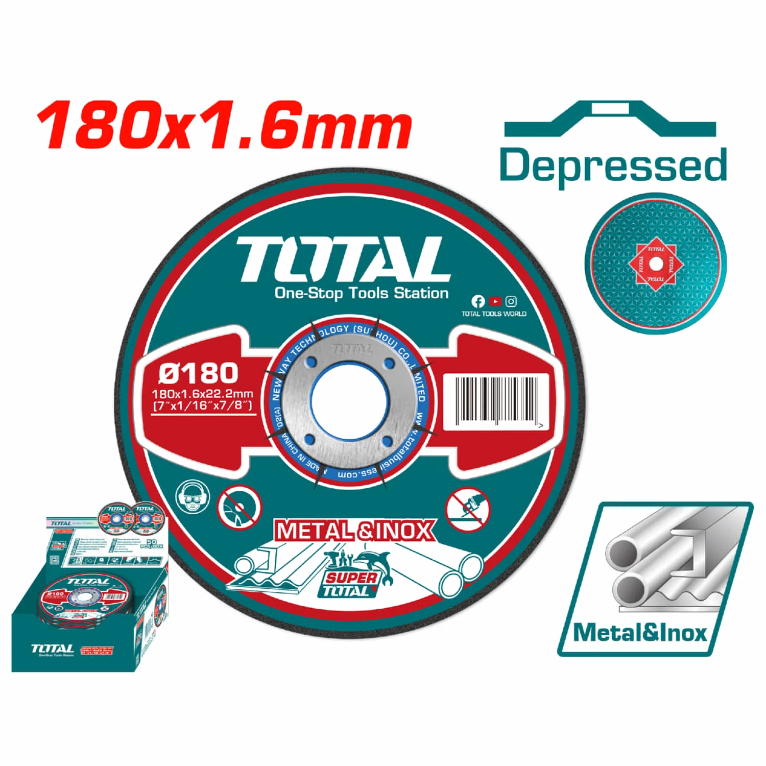 Disco Corte  Metal Y Acero Inoxidable 180Mm 7"X1.6Mm(1/16")X22.2 Mm(7/8") Concavo. (1 Pza)