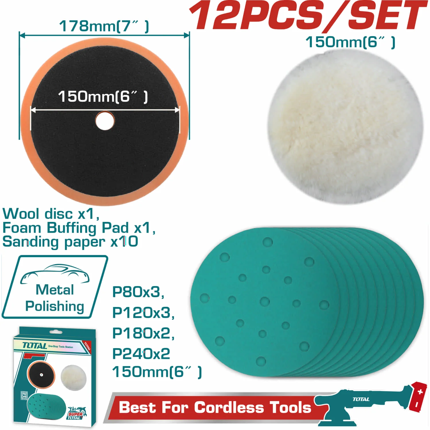 Disco De Lana 150Mm, Almohadilla De Espuma. Papeles De Lijado (P80,P120,P180,P240) Compatible Con TAPLI2015. Para Pulido Y Rectificado. Set De 12 Piezas. Para Pulidora Discos Tela. - Image 2