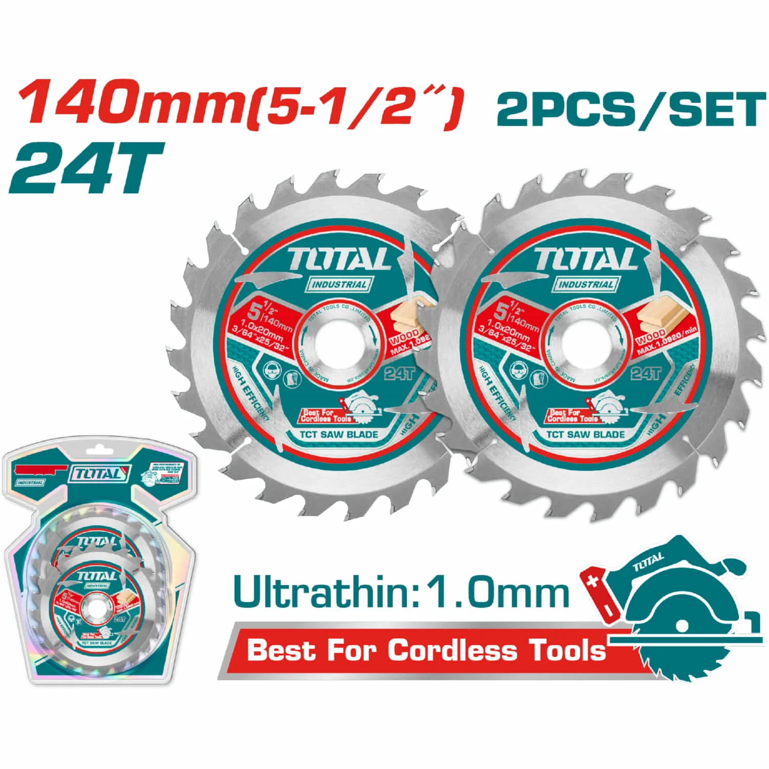 Discos 5 1/2" Sierras Ultra Fina 1.0Mm TCT 140Mm 24T. Set De 2 Piezas. Ideal Para Sierra Circular. Uso Madera.