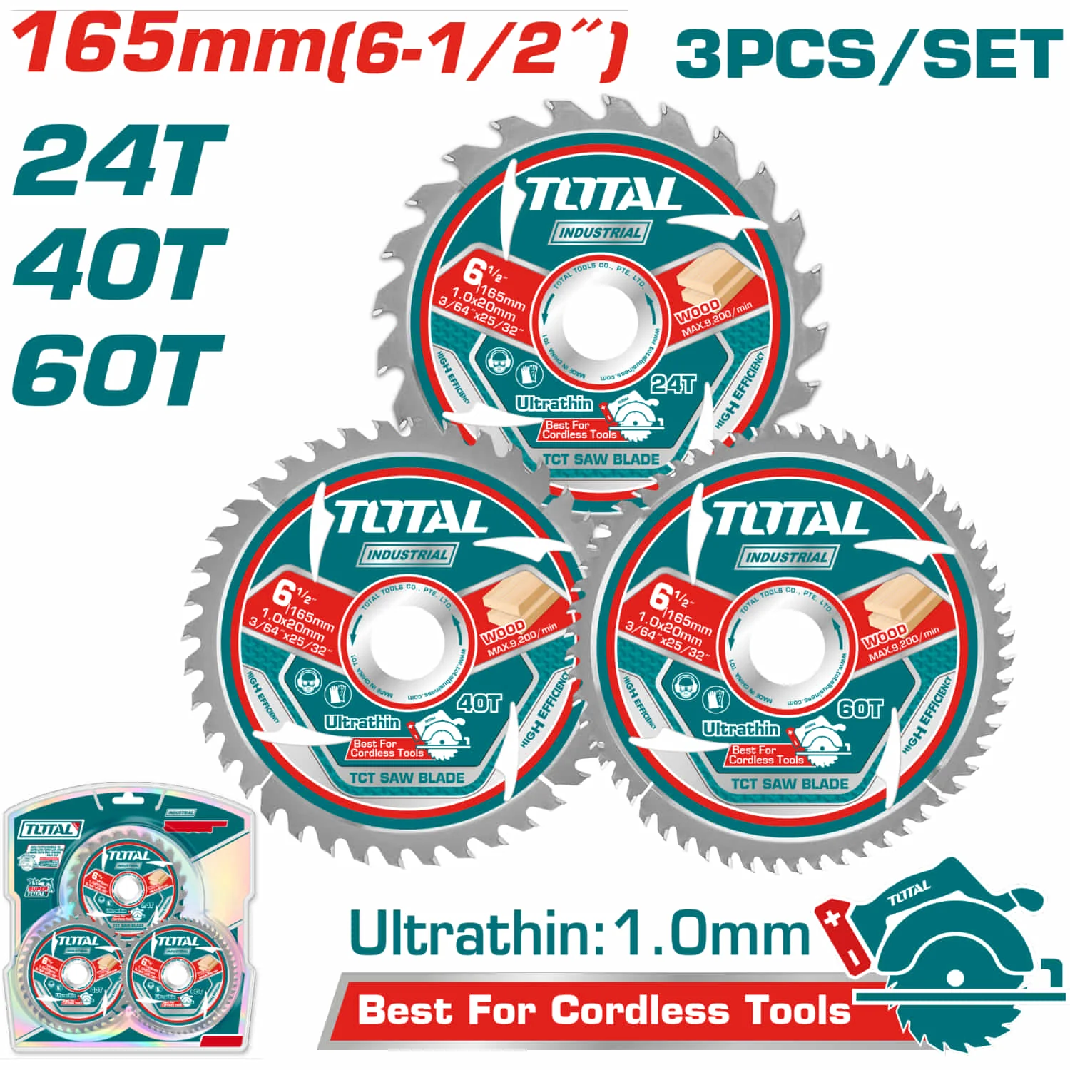 Discos 6 1/2" Sierras Ultra Fina 24T/40T/60T Para Corte De Madera, Con Anillo De Reducción De 20 Mm A 16 Mm, Espesor 1,0 Mm. Set De 3 Piezas. Uso Madera. Sierra Circular. - Image 2