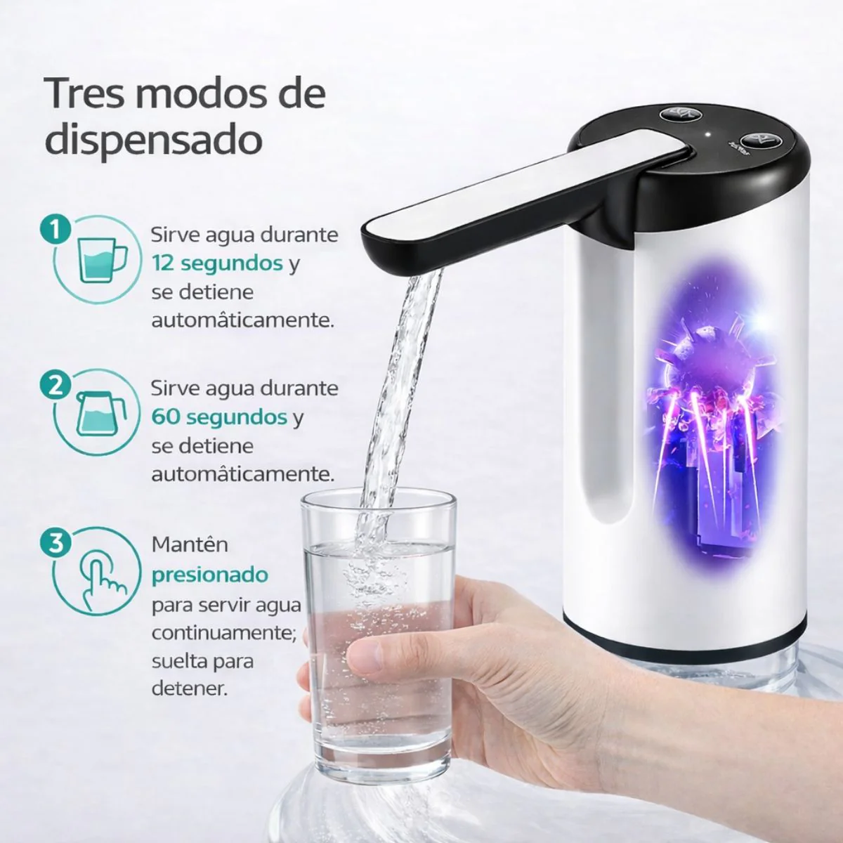 Dispensador De Agua Eléctrico Con Esterilización UV. Bomba Automática Recargable USB-C, Diseño Plegable Portátil De ABS Con Modos 12S/60S/Continuo Para Garrafones - Image 3