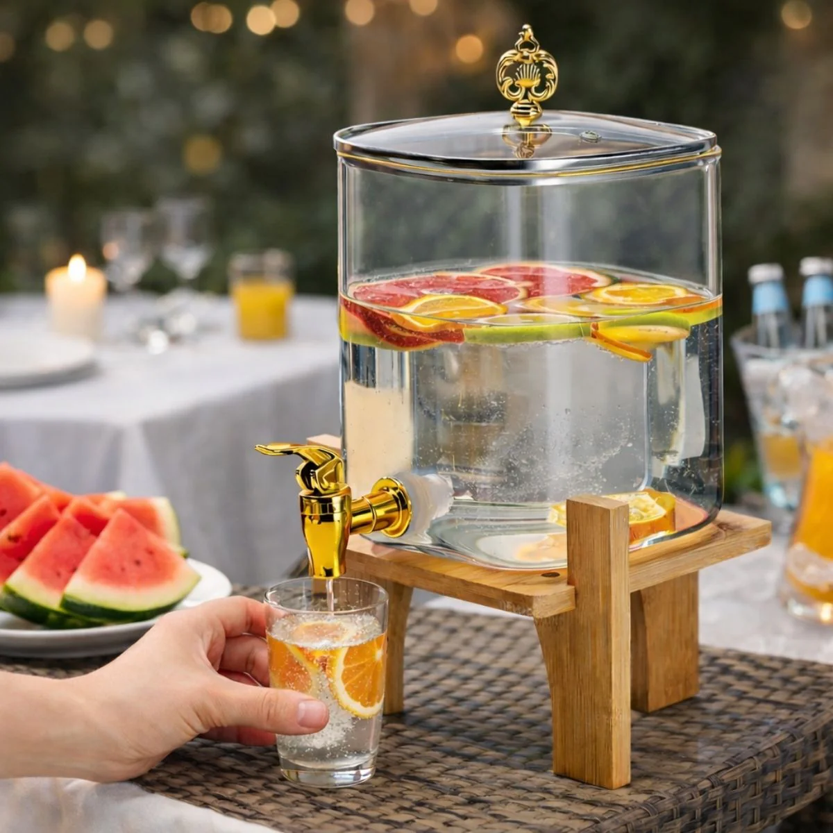Dispensador De Bebidas De Vidrio Con Grifo 4.2 Litros. Barril Cuadrado Transparente Con Base De Madera Ideal Para Jugos, Agua Y Cócteles. - Image 3