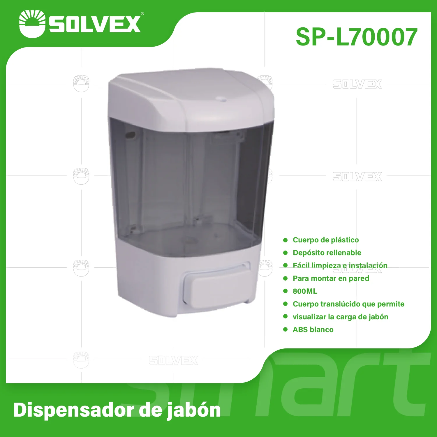Dispensador De Jabón Líquido De Pared 800Ml. Color Blanco Con Cuerpo Translúcido.