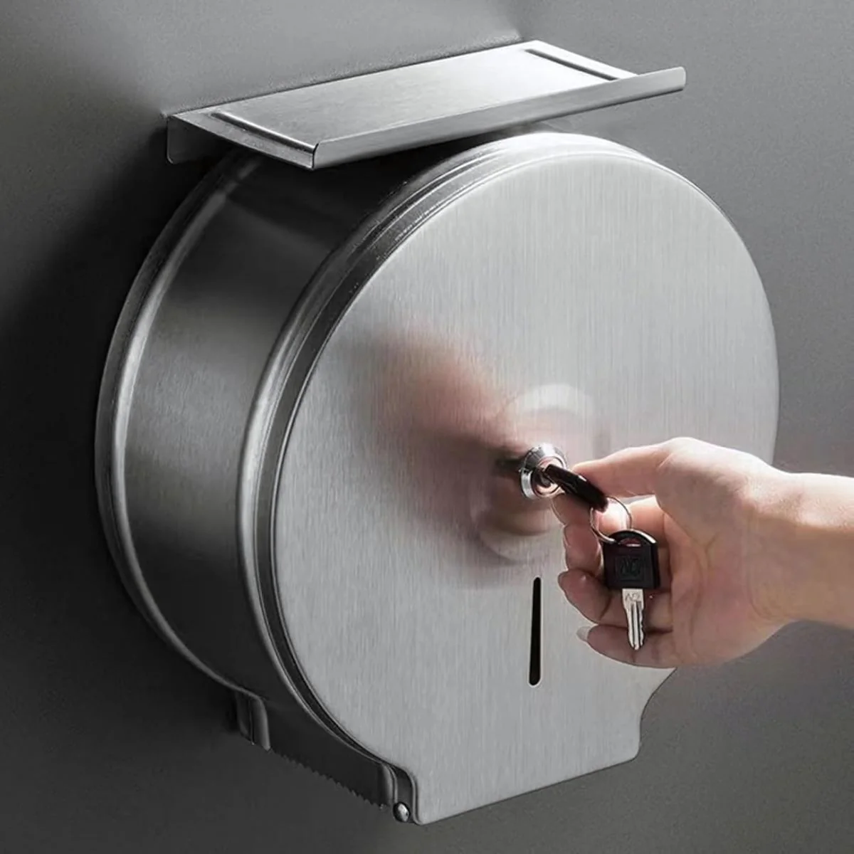 Dispensador De Papel Higiénico De Acero Inoxidable Con Bandeja Para Celular. Portarrollos Jumbo Con Cerradura.
