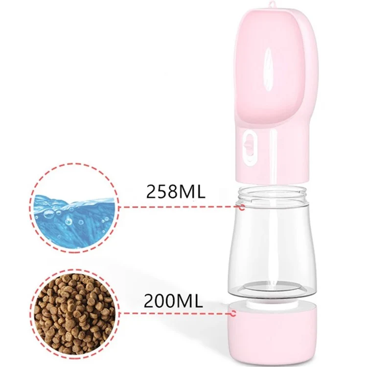 Dispensador Portatil  Comida Y Agua Con Bebedero. Color Rosado. Capacidad 258Ml Agua Y 200Ml Comida