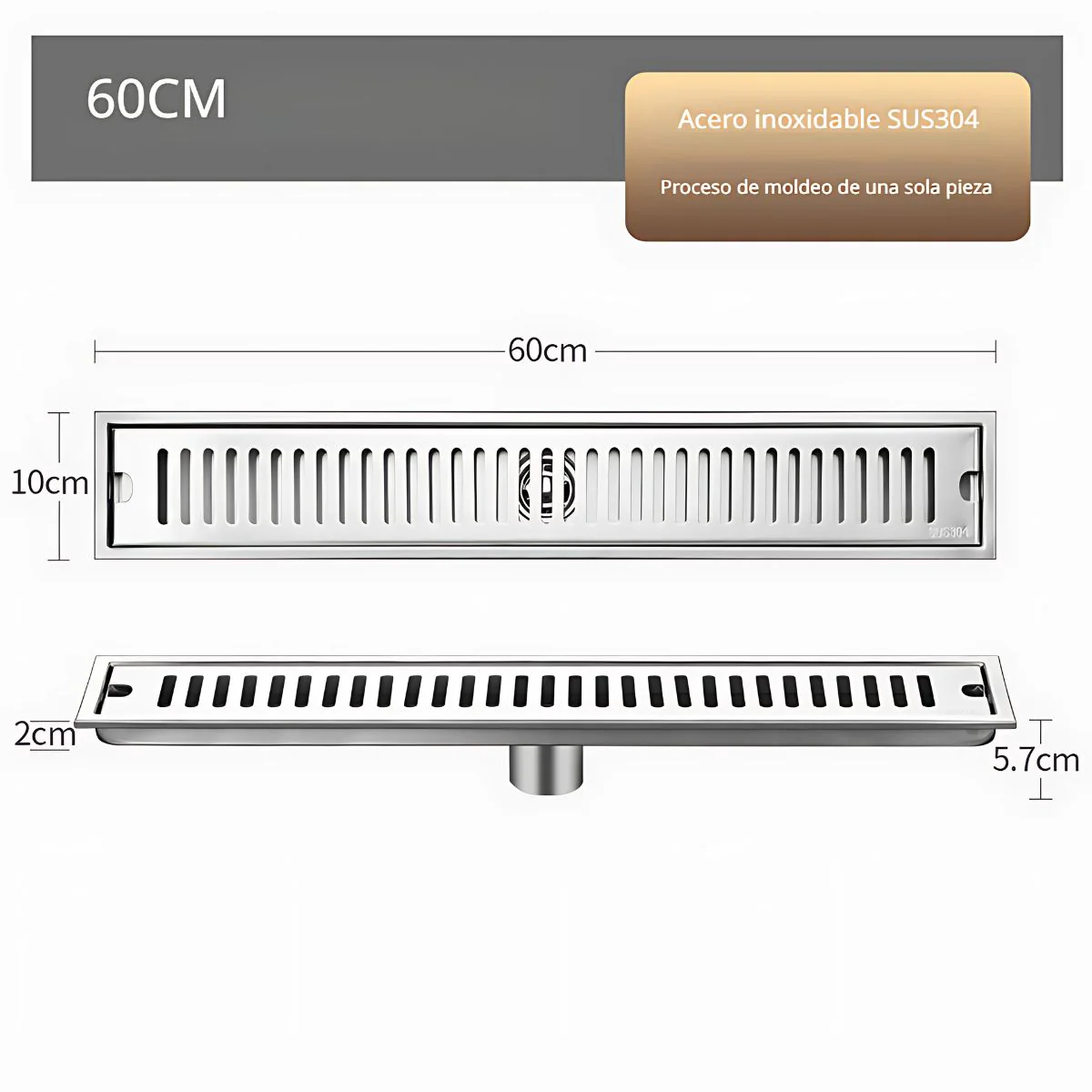 Drenaje Lineal De Piso 60Cm. Rejilla Rectangular. Desagüe Para Baño. Acero Inoxidable.