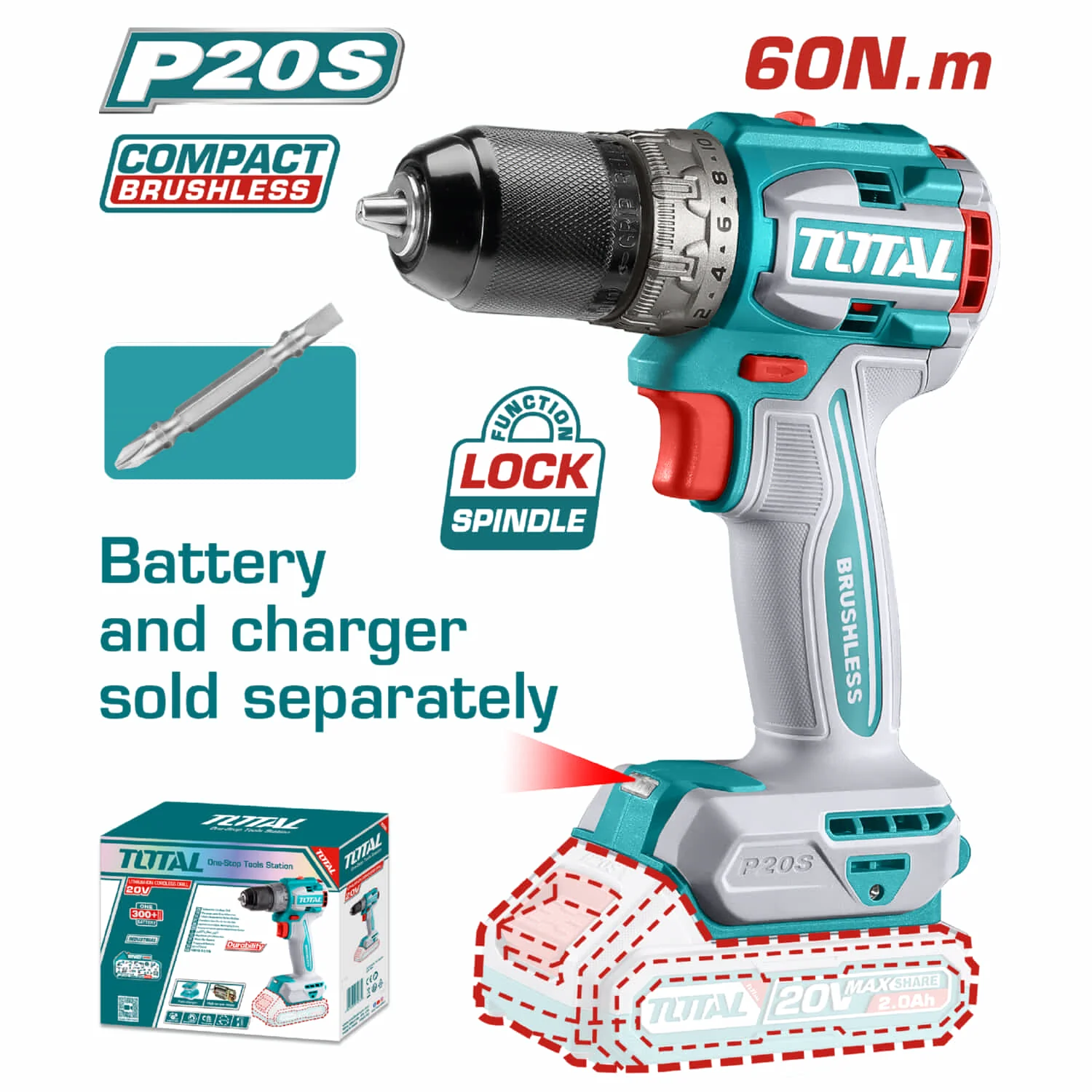 Drill Taladro Inalámbrico 1/2" 20V 60Nm. 22+1 Motor Sin Escobillas. Batería Y Cargador Por Separado. Super Total